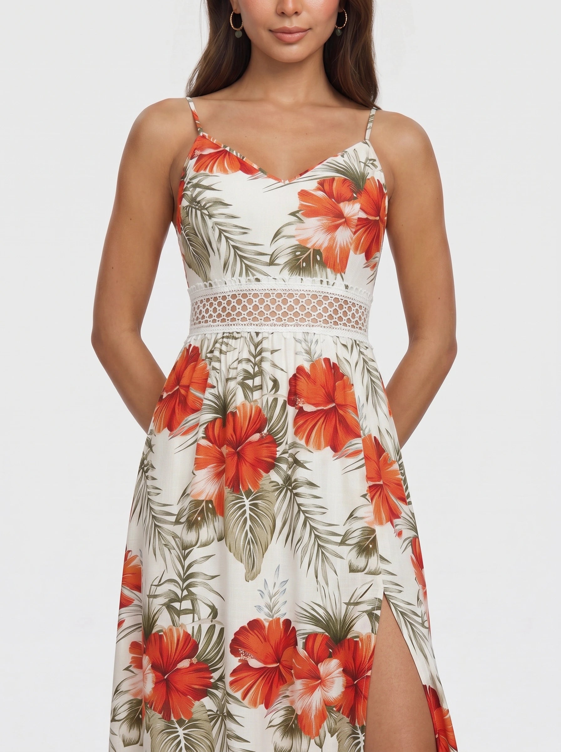 Tropicora Crochet Waist Maxi Dress – Floral Print Maxi Dress Women Wedding Guest Summer Vacation Beach Resort Long Sundress