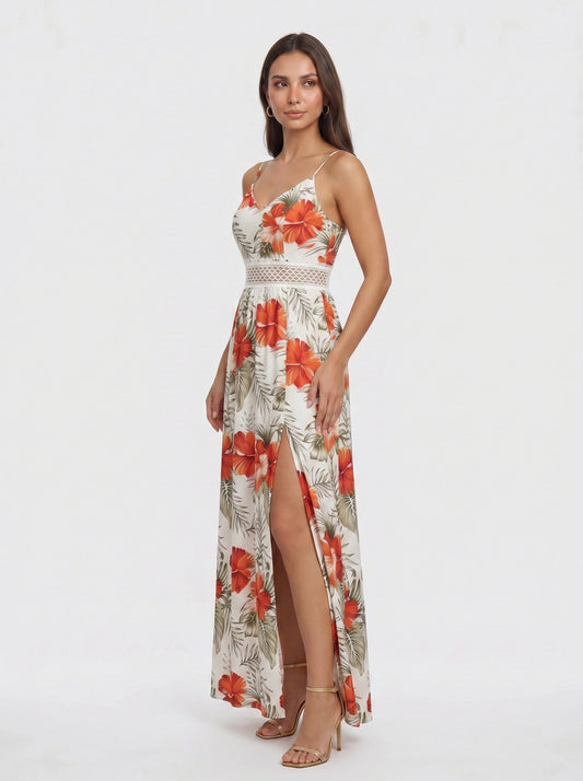 Tropicora Crochet Waist Maxi Dress – Floral Print Maxi Dress Women Wedding Guest Summer Vacation Beach Resort Long Sundress