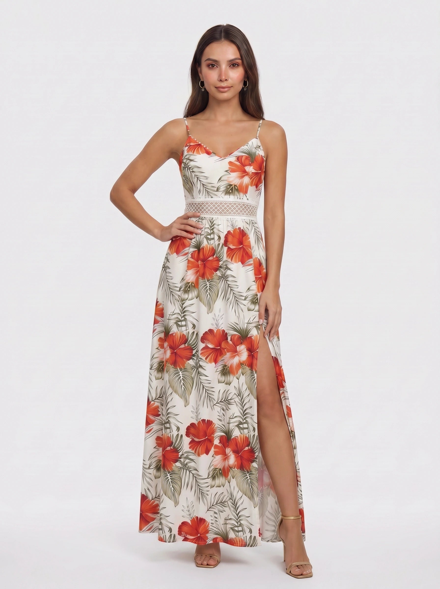Tropicora Crochet Waist Maxi Dress – Floral Print Maxi Dress Women Wedding Guest Summer Vacation Beach Resort Long Sundress