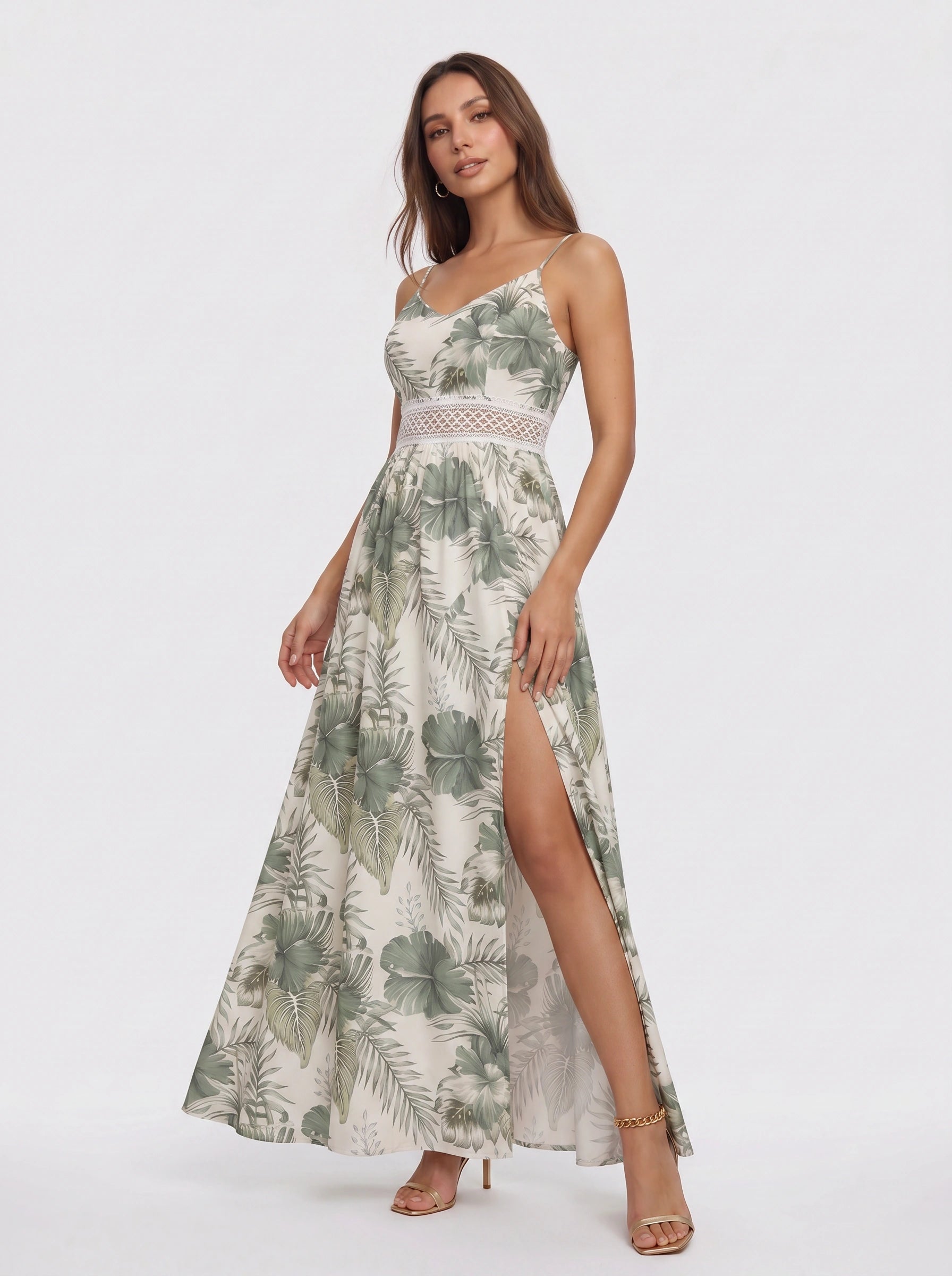 Tropicora Crochet Waist Maxi Dress – Floral Print Maxi Dress Women Wedding Guest Summer Vacation Beach Resort Long Sundress