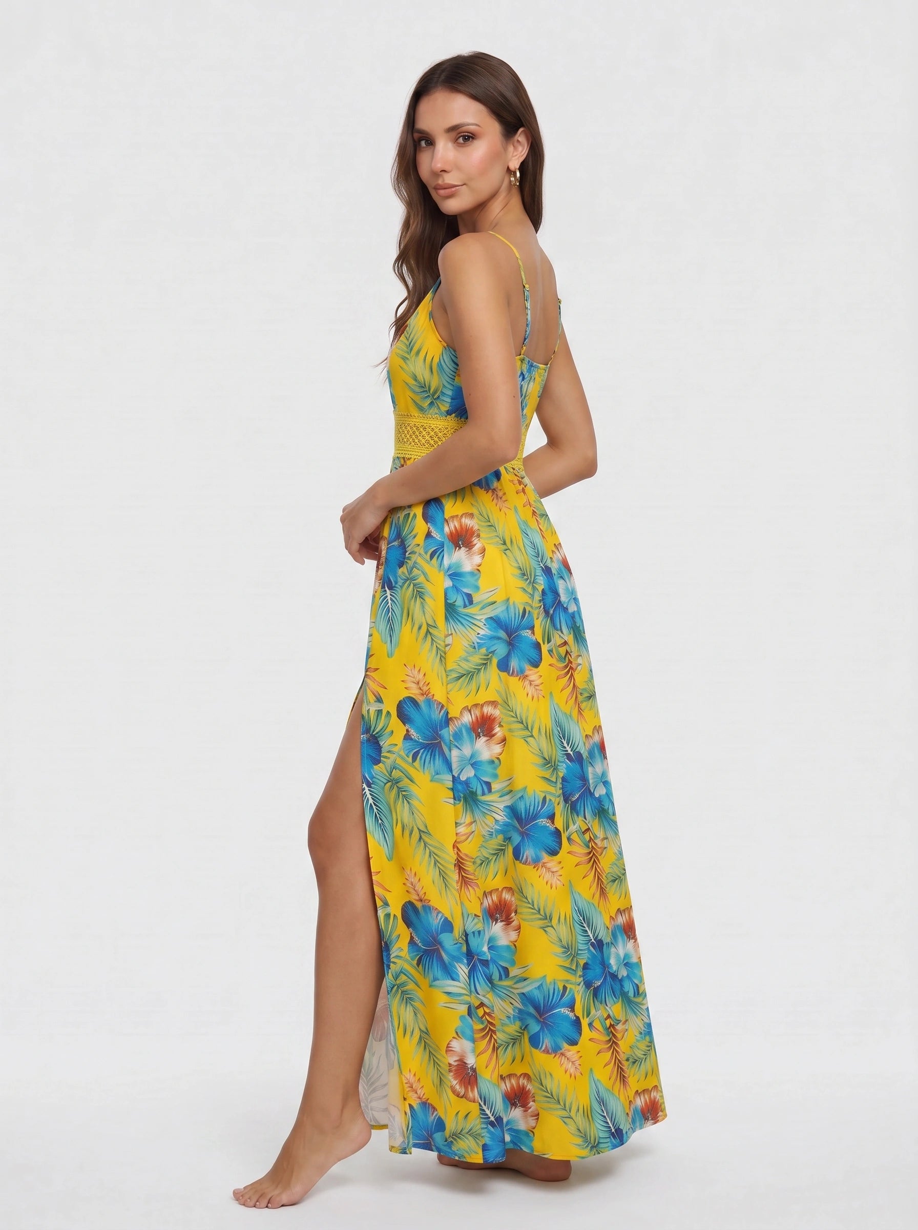 Tropicora Crochet Waist Maxi Dress – Floral Print Maxi Dress Women Wedding Guest Summer Vacation Beach Resort Long Sundress