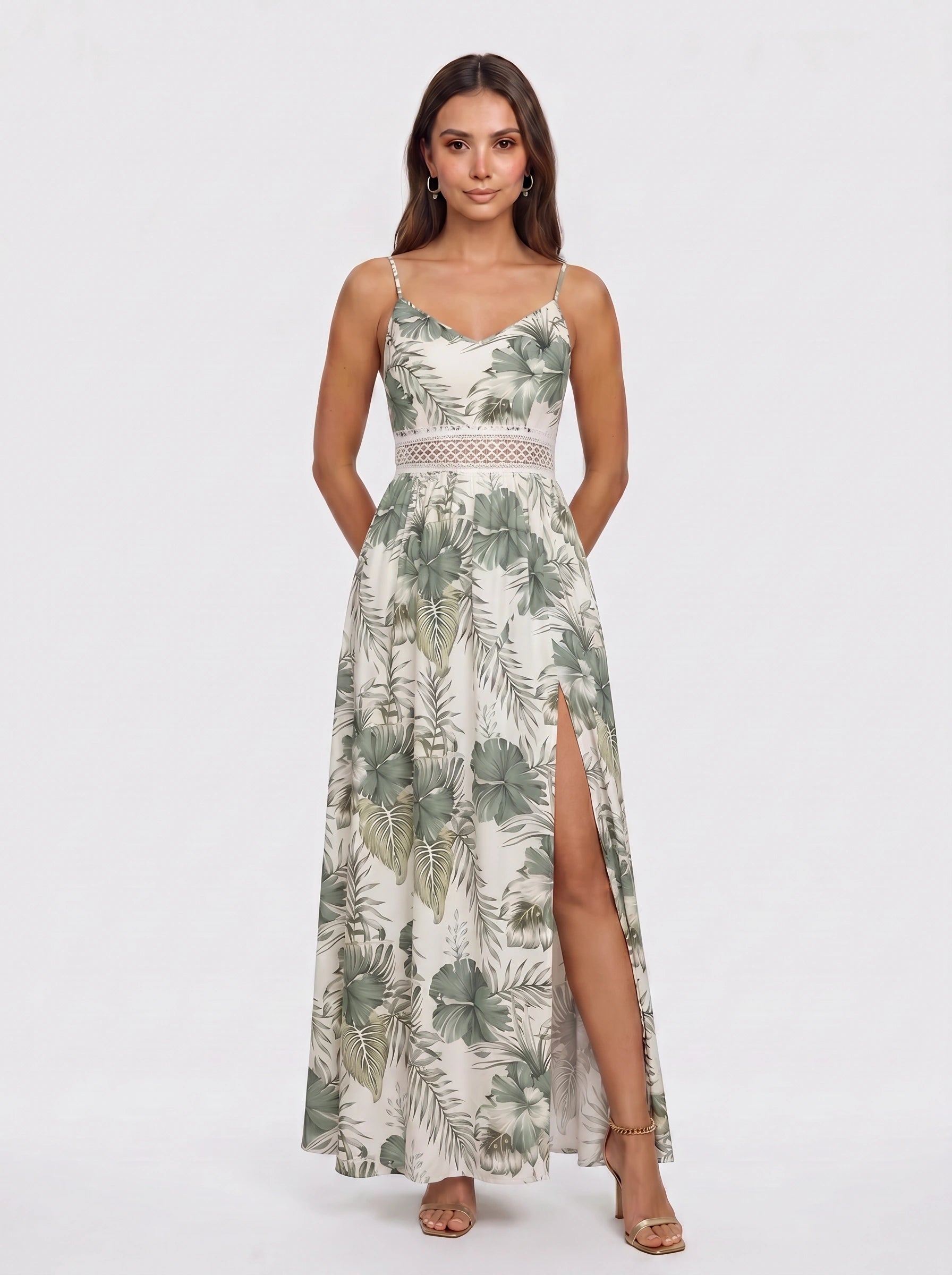 Tropicora Crochet Waist Maxi Dress – Floral Print Maxi Dress Women Wedding Guest Summer Vacation Beach Resort Long Sundress