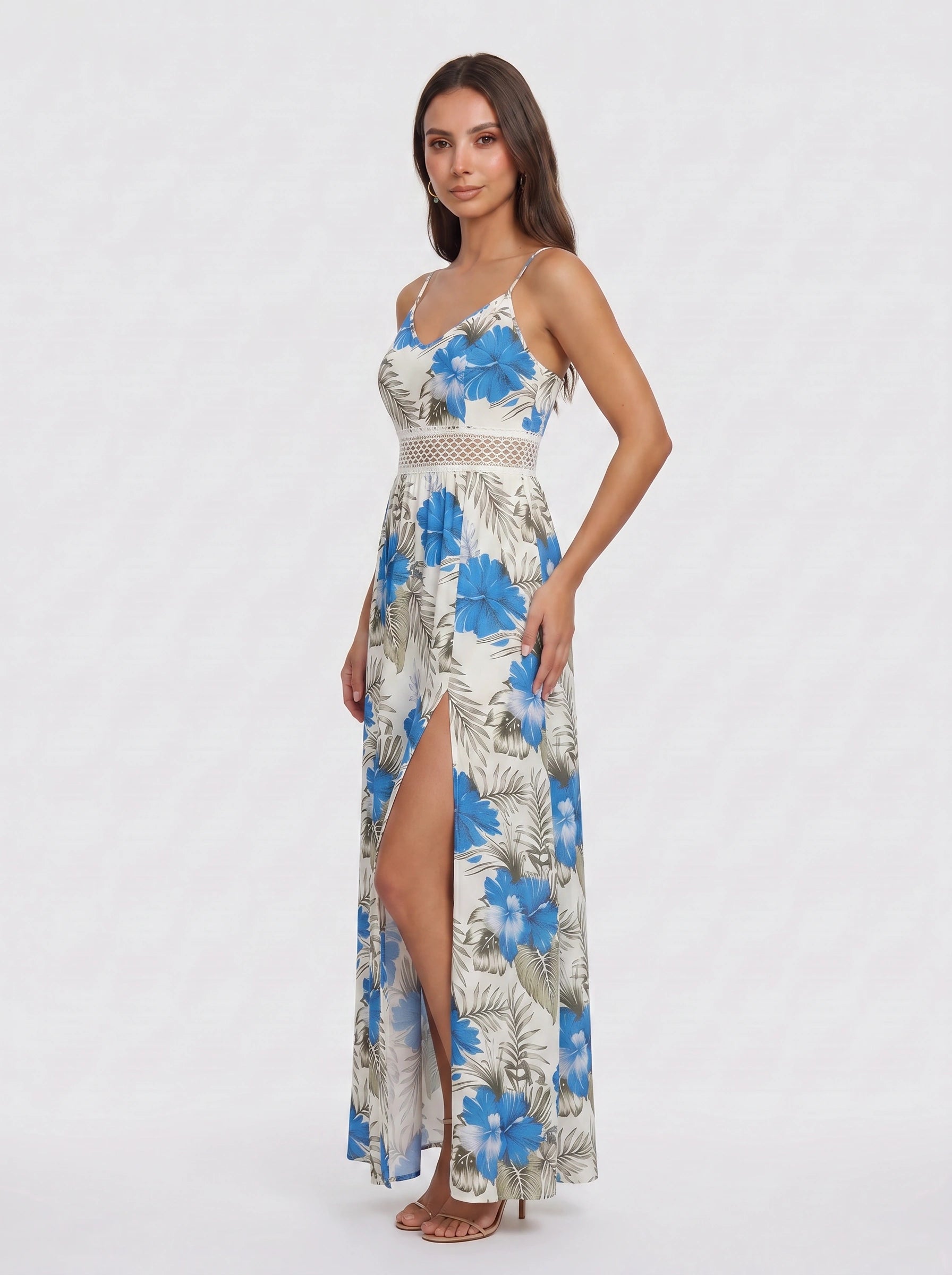 Tropicora Crochet Waist Maxi Dress – Floral Print Maxi Dress Women Wedding Guest Summer Vacation Beach Resort Long Sundress