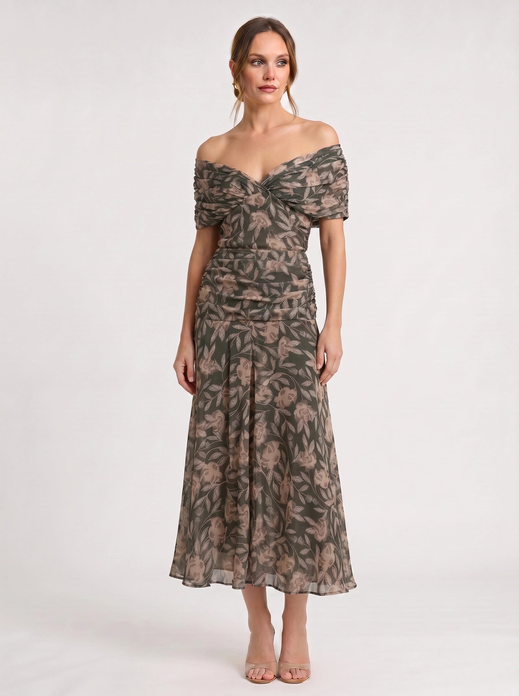 Peonia Ruched Off-Shoulder Maxi Dress – Floral Formal Wedding Guest Women Evening Elegant Long Maxi Dress