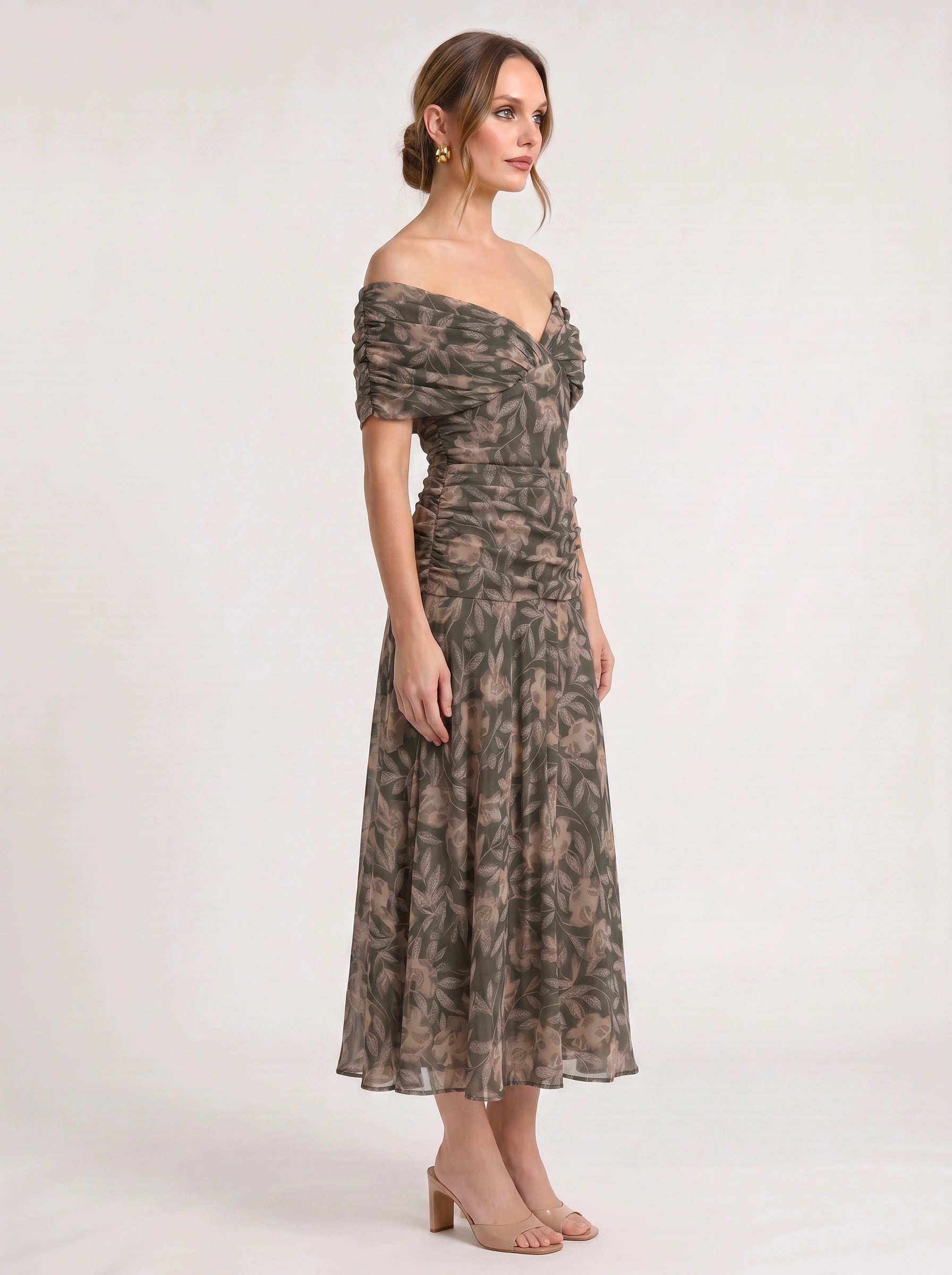 Peonia Ruched Off-Shoulder Maxi Dress – Floral Formal Wedding Guest Women Evening Elegant Long Maxi Dress