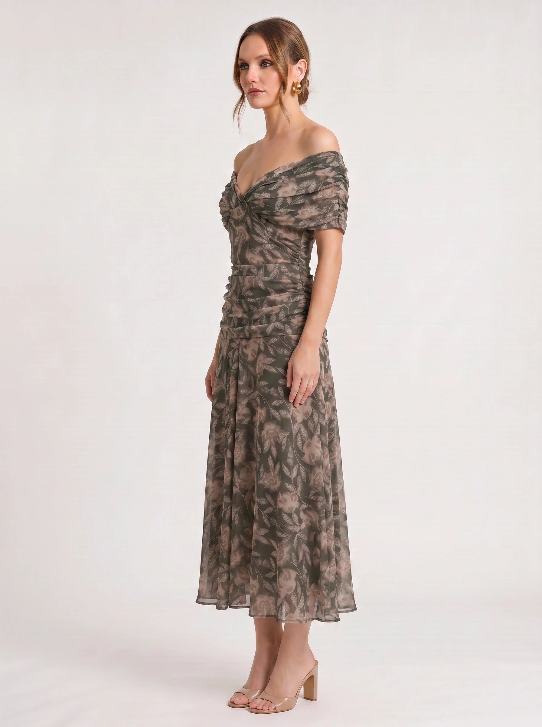 Peonia Ruched Off-Shoulder Maxi Dress – Floral Formal Wedding Guest Women Evening Elegant Long Maxi Dress