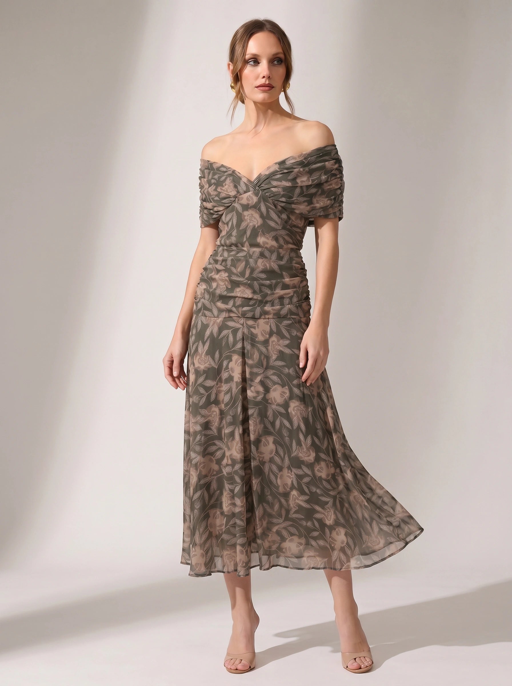 Peonia Ruched Off-Shoulder Maxi Dress – Floral Formal Wedding Guest Women Evening Elegant Long Maxi Dress