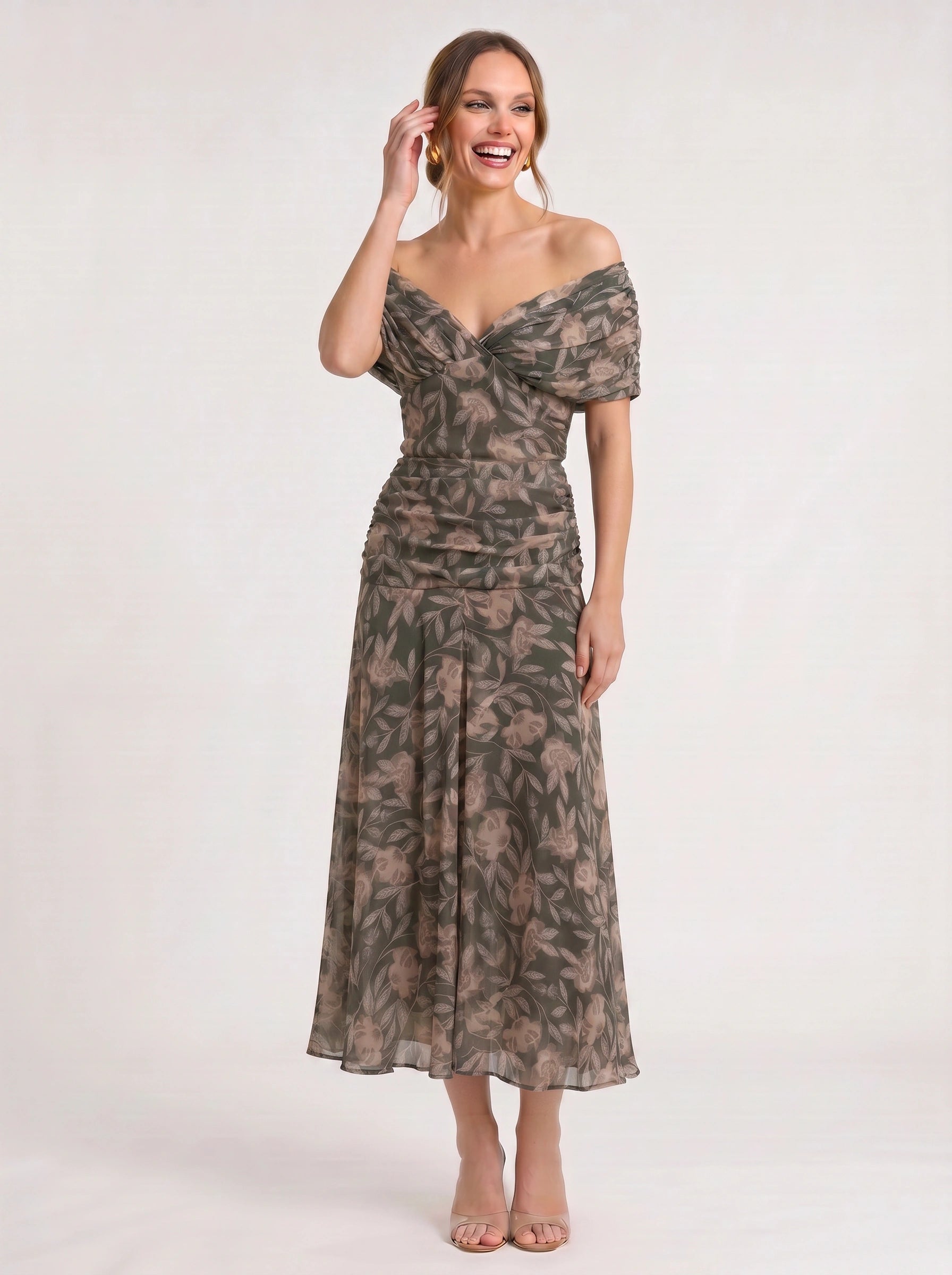 Peonia Ruched Off-Shoulder Maxi Dress – Floral Formal Wedding Guest Women Evening Elegant Long Maxi Dress
