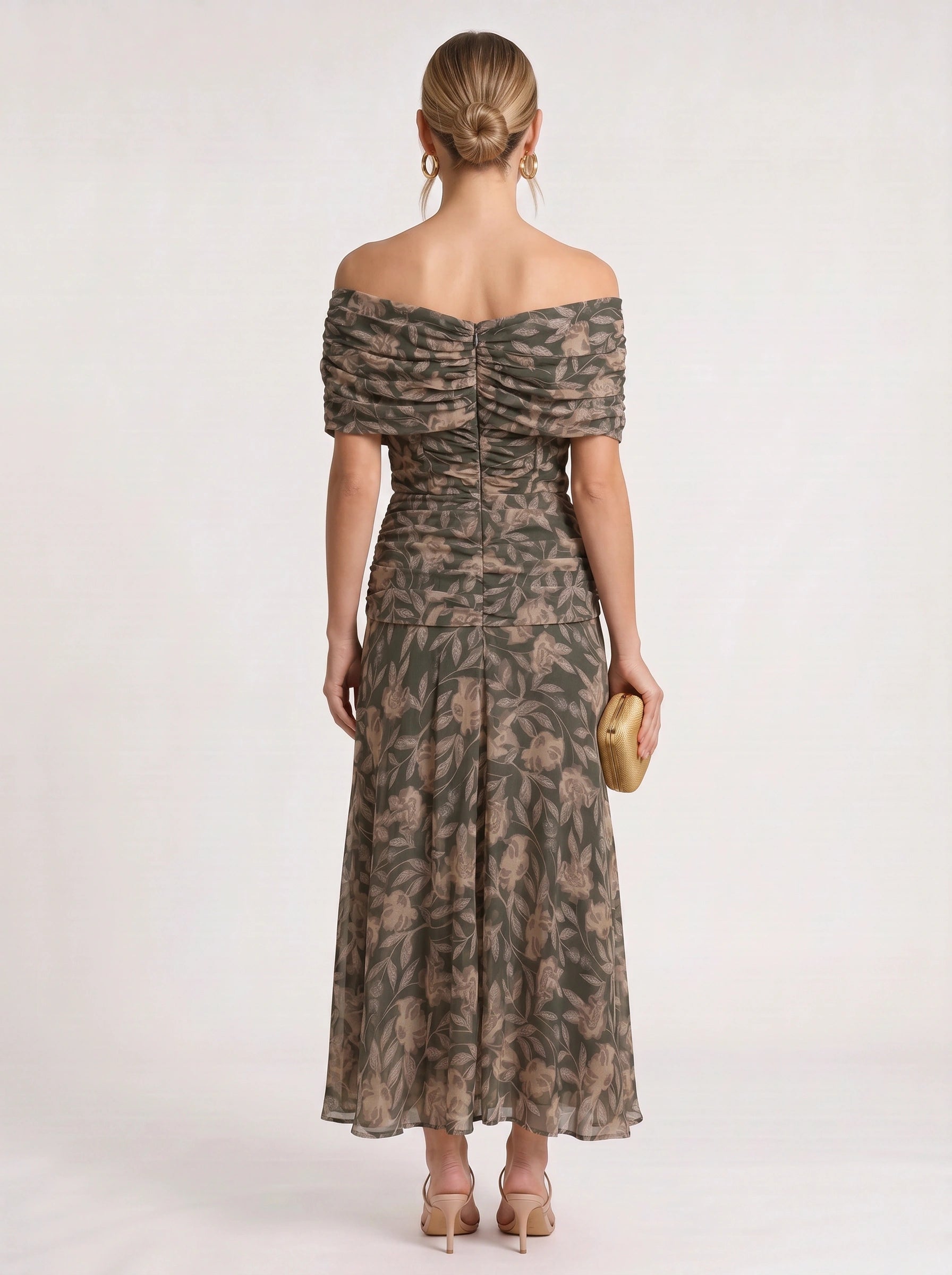 Peonia Ruched Off-Shoulder Maxi Dress – Floral Formal Wedding Guest Women Evening Elegant Long Maxi Dress
