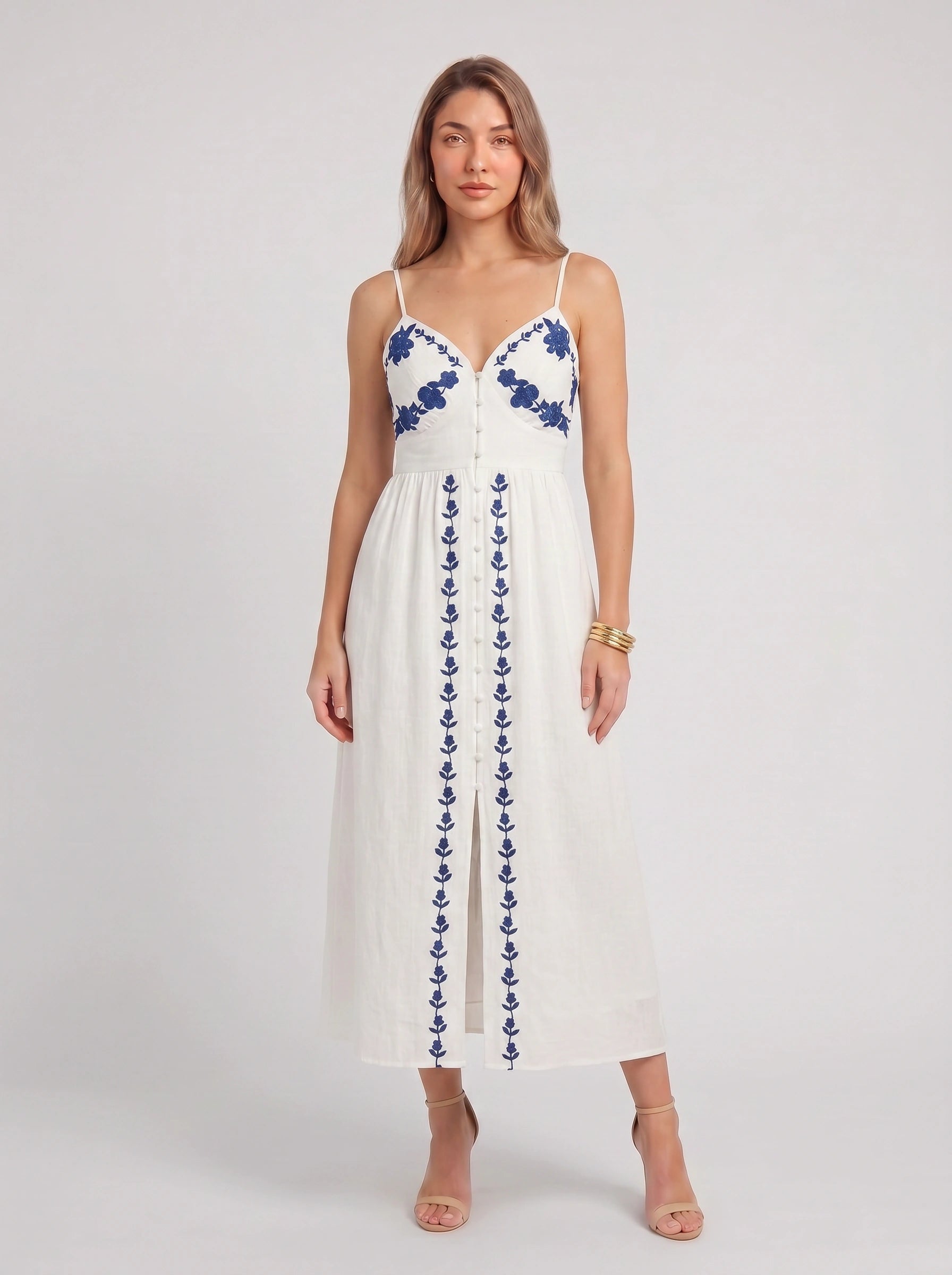 Brodelle Embroidered Midi Dress – Linen Sundress Women Summer Wedding Guest Vacation Resort Midi Dress