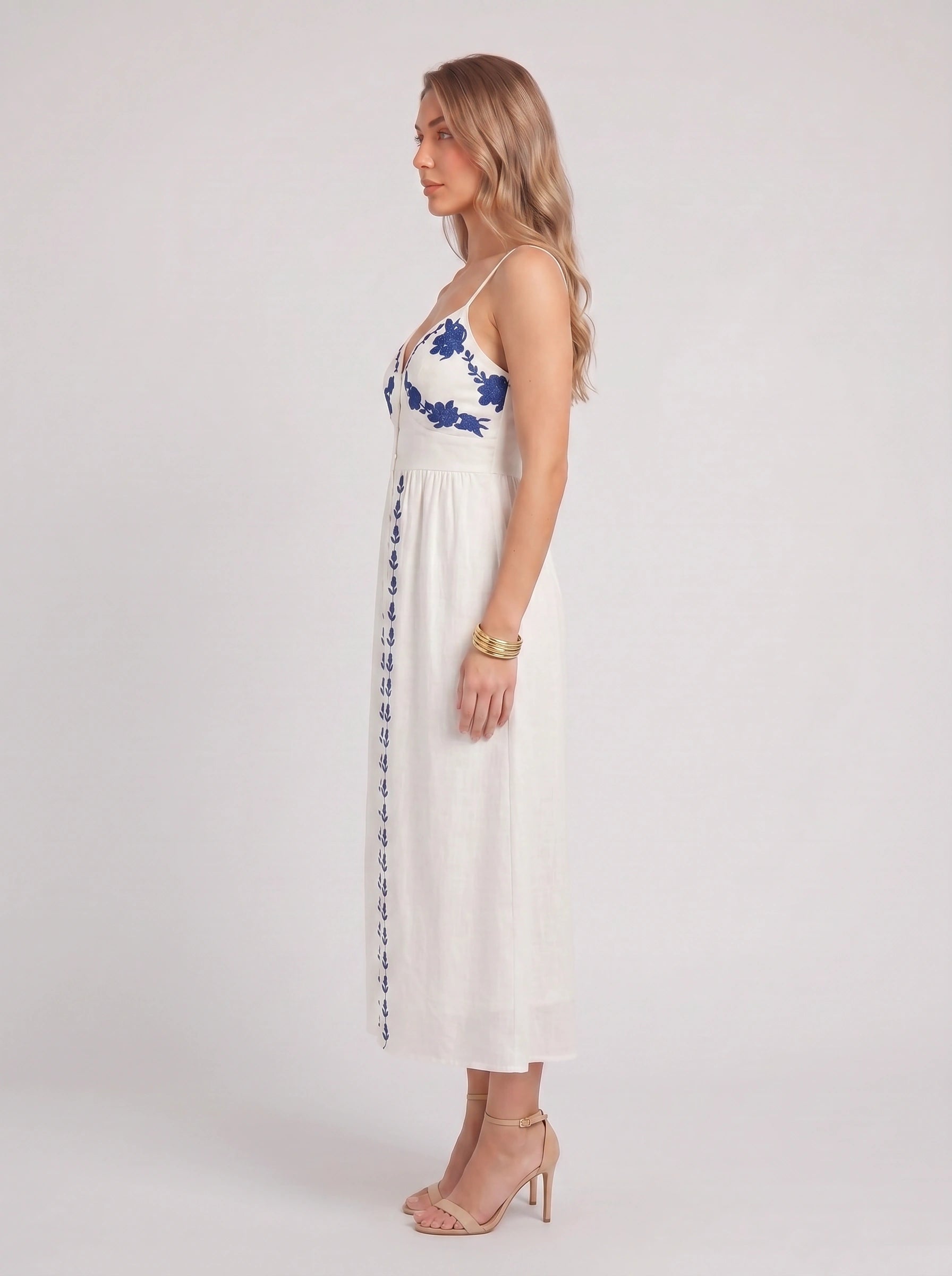 Brodelle Embroidered Midi Dress – Linen Sundress Women Summer Wedding Guest Vacation Resort Midi Dress