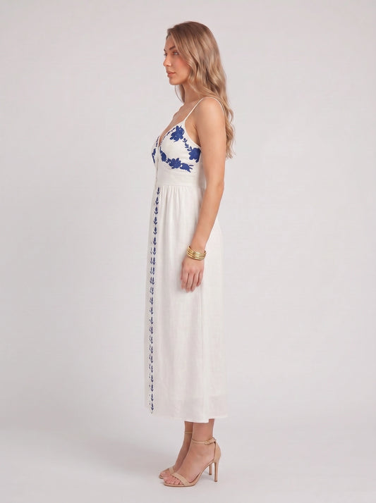 Brodelle Embroidered Midi Dress – Linen Sundress Women Summer Wedding Guest Vacation Resort Midi Dress