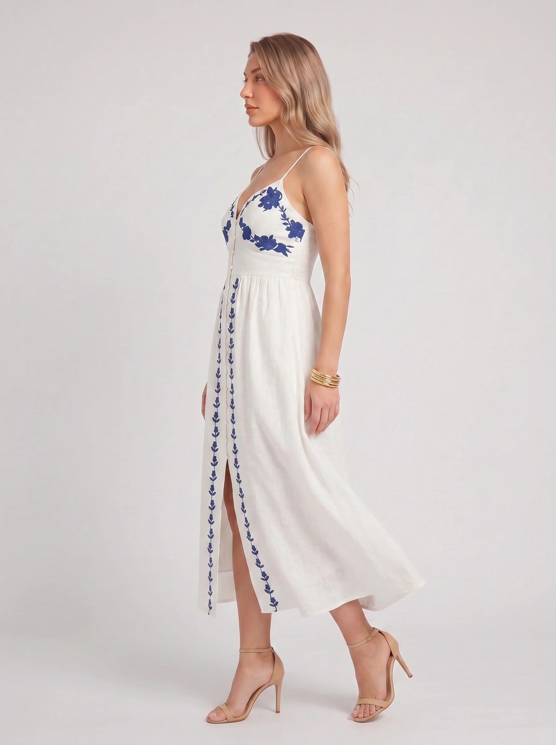 Brodelle Embroidered Midi Dress – Linen Sundress Women Summer Wedding Guest Vacation Resort Midi Dress