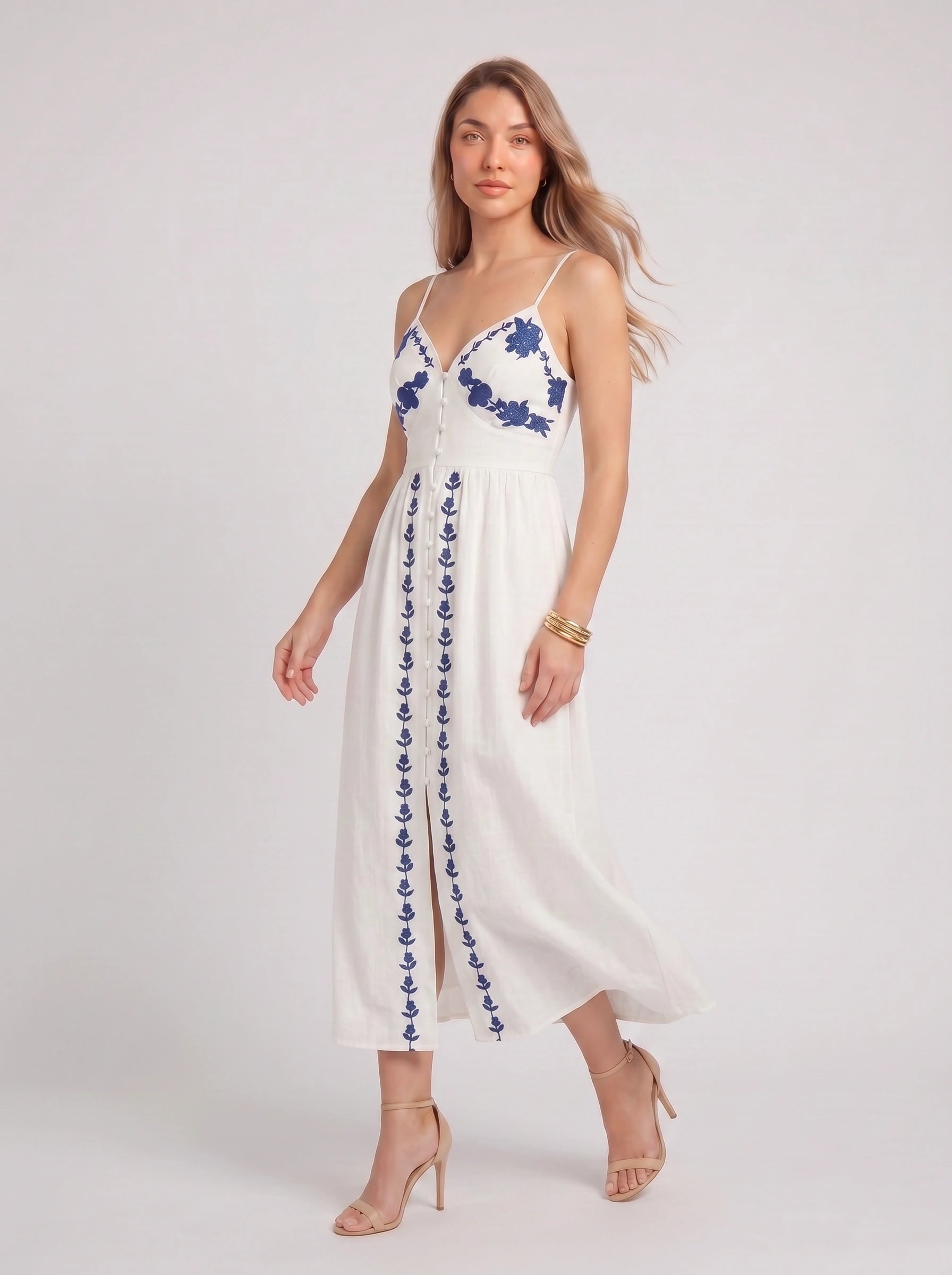 Brodelle Embroidered Midi Dress – Linen Sundress Women Summer Wedding Guest Vacation Resort Midi Dress