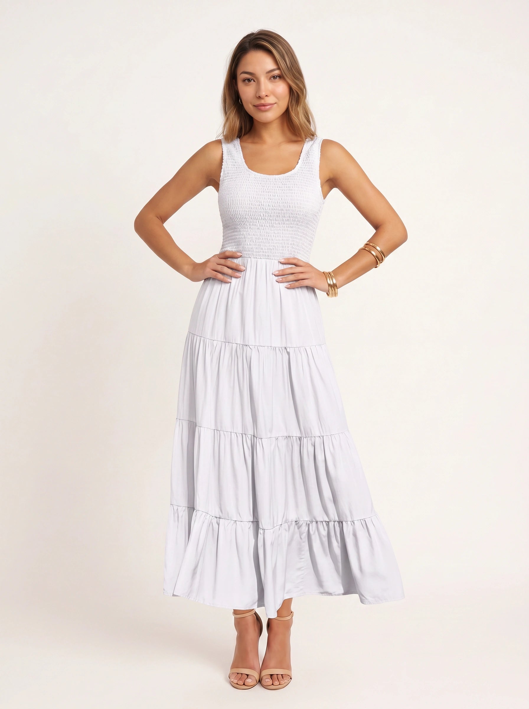Frescura Smocked Tiered Maxi Dress – Boho Summer Beach Vacation Women Casual Sundress Maxi Dress