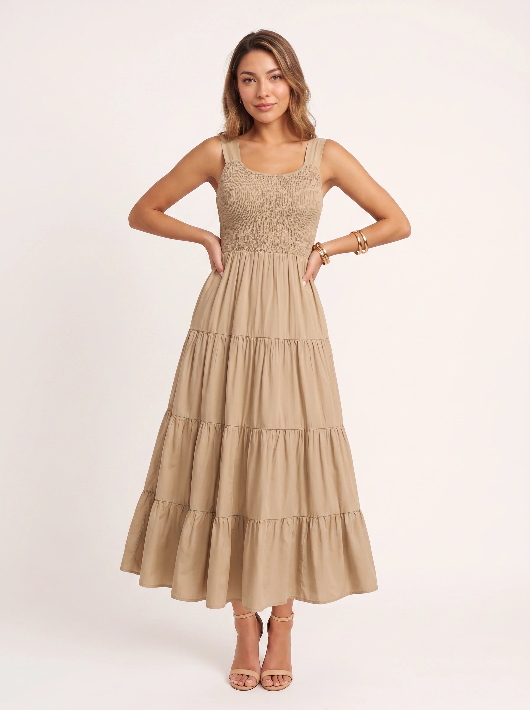 Frescura Smocked Tiered Maxi Dress – Boho Summer Beach Vacation Women Casual Sundress Maxi Dress