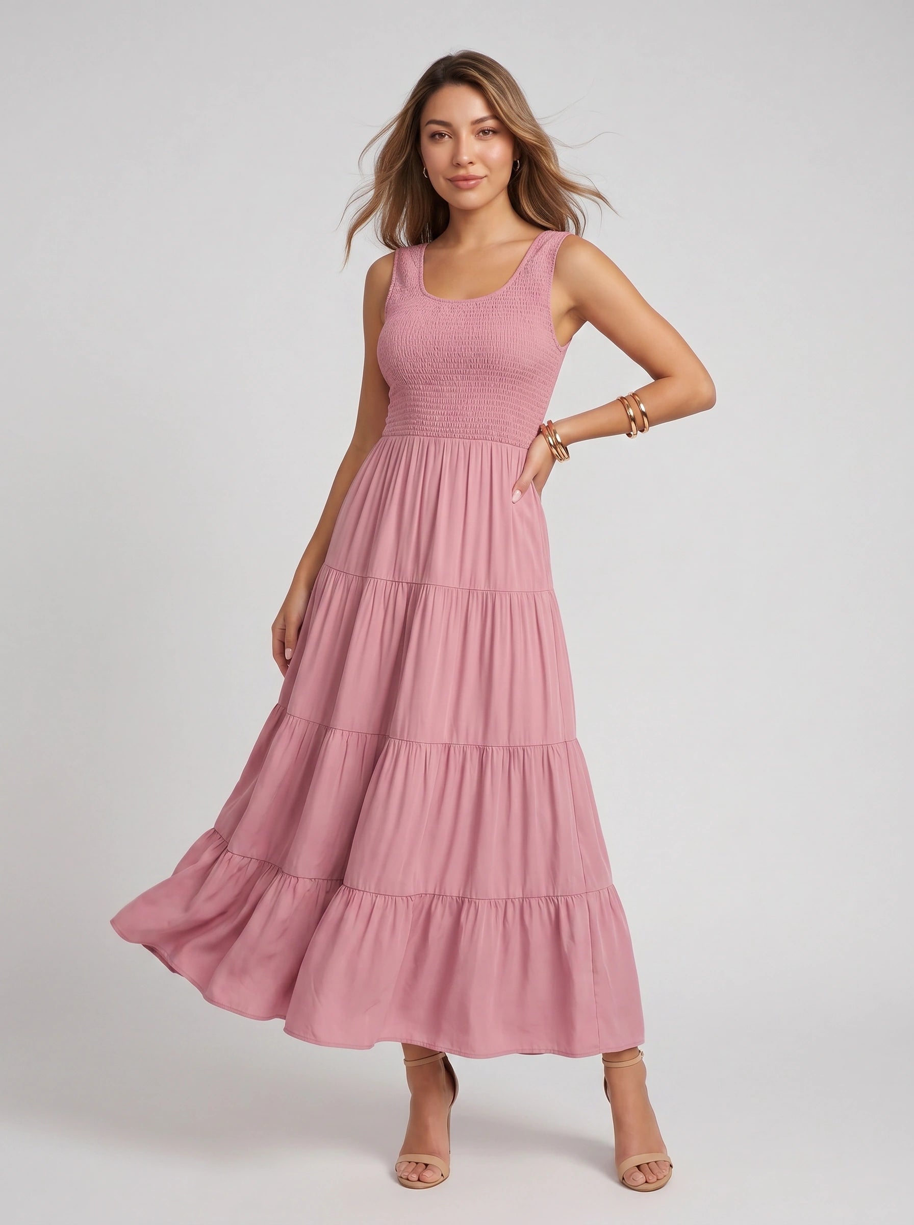 Frescura Smocked Tiered Maxi Dress – Boho Summer Beach Vacation Women Casual Sundress Maxi Dress