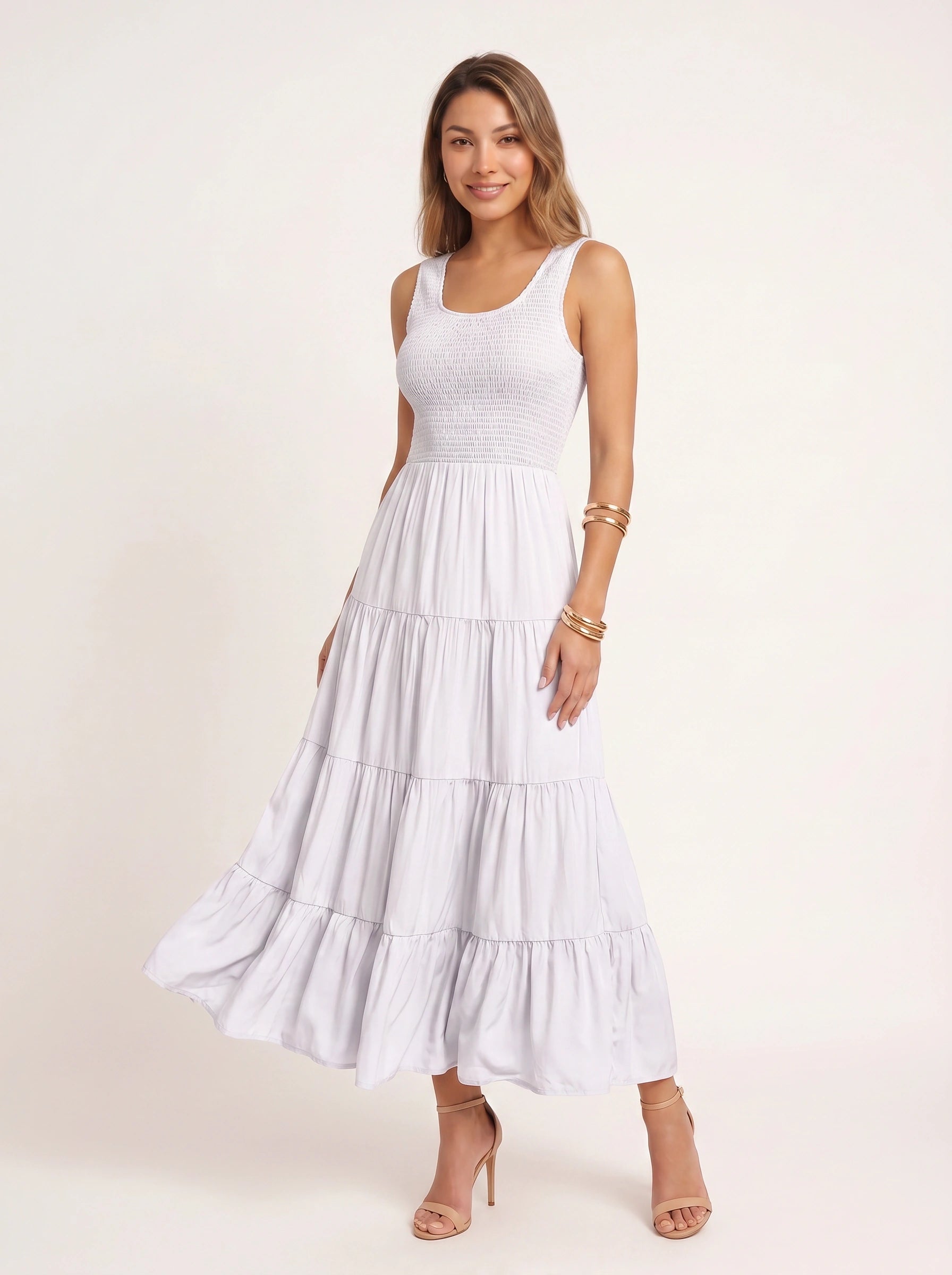 Frescura Smocked Tiered Maxi Dress – Boho Summer Beach Vacation Women Casual Sundress Maxi Dress