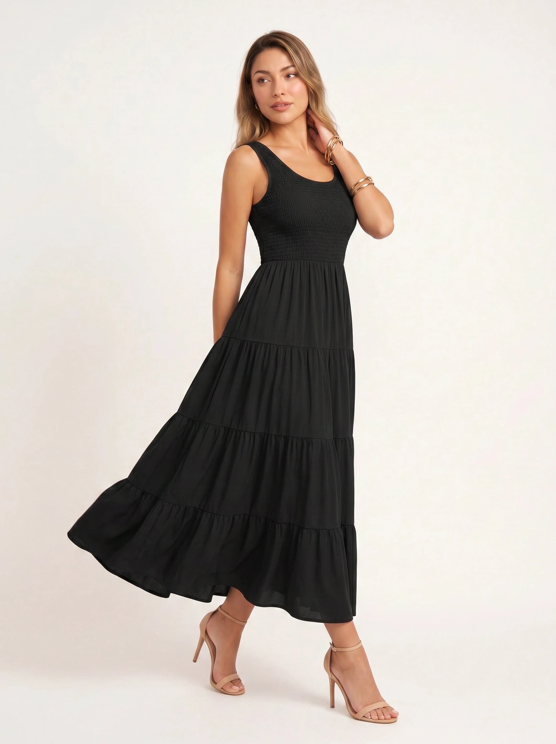 Frescura Smocked Tiered Maxi Dress – Boho Summer Beach Vacation Women Casual Sundress Maxi Dress