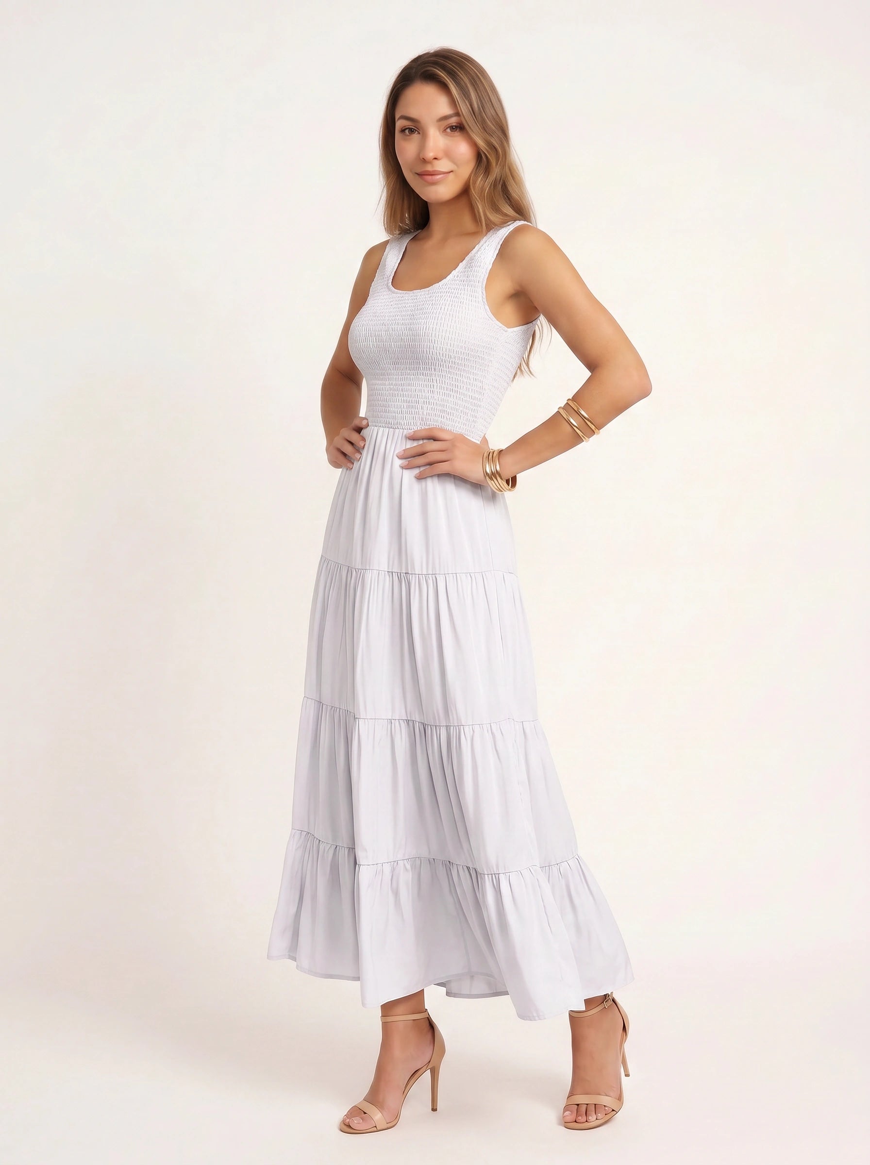 Frescura Smocked Tiered Maxi Dress – Boho Summer Beach Vacation Women Casual Sundress Maxi Dress