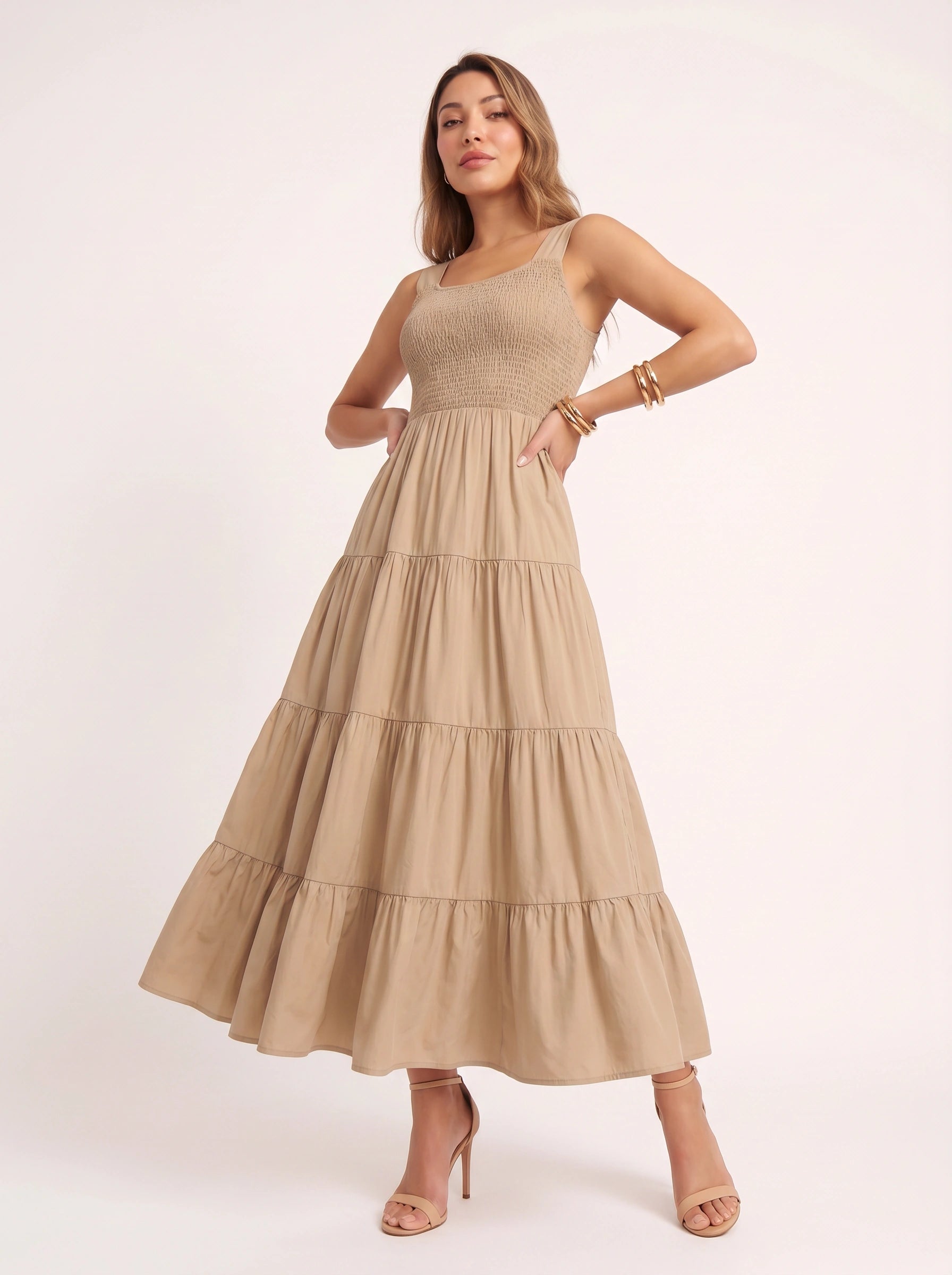 Frescura Smocked Tiered Maxi Dress – Boho Summer Beach Vacation Women Casual Sundress Maxi Dress