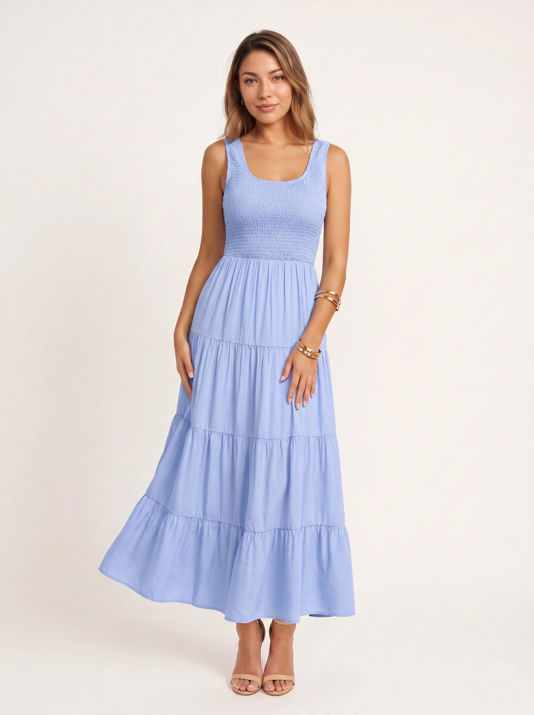 Frescura Smocked Tiered Maxi Dress – Boho Summer Beach Vacation Women Casual Sundress Maxi Dress