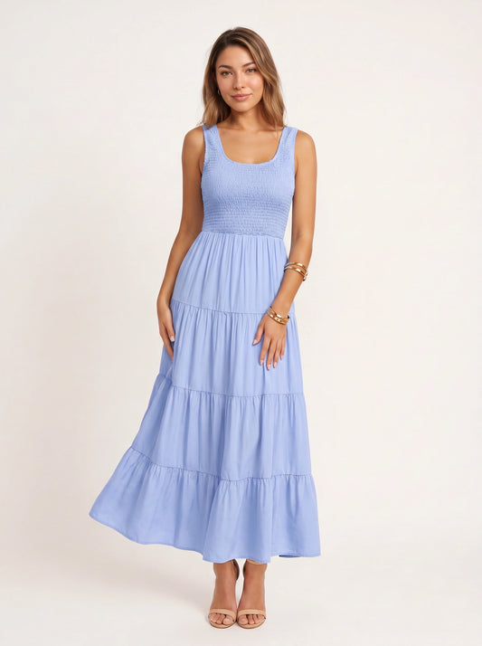 Frescura Smocked Tiered Maxi Dress – Boho Summer Beach Vacation Women Casual Sundress Maxi Dress