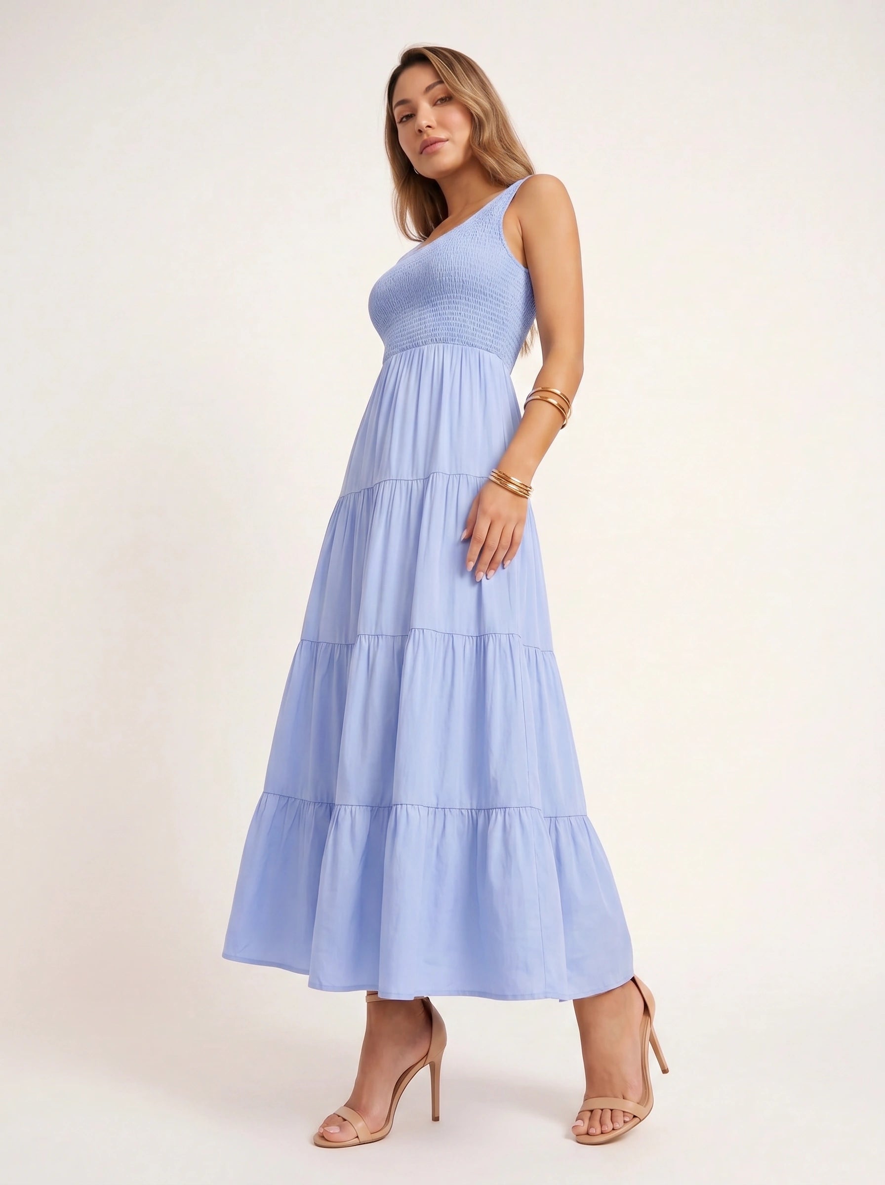 Frescura Smocked Tiered Maxi Dress – Boho Summer Beach Vacation Women Casual Sundress Maxi Dress
