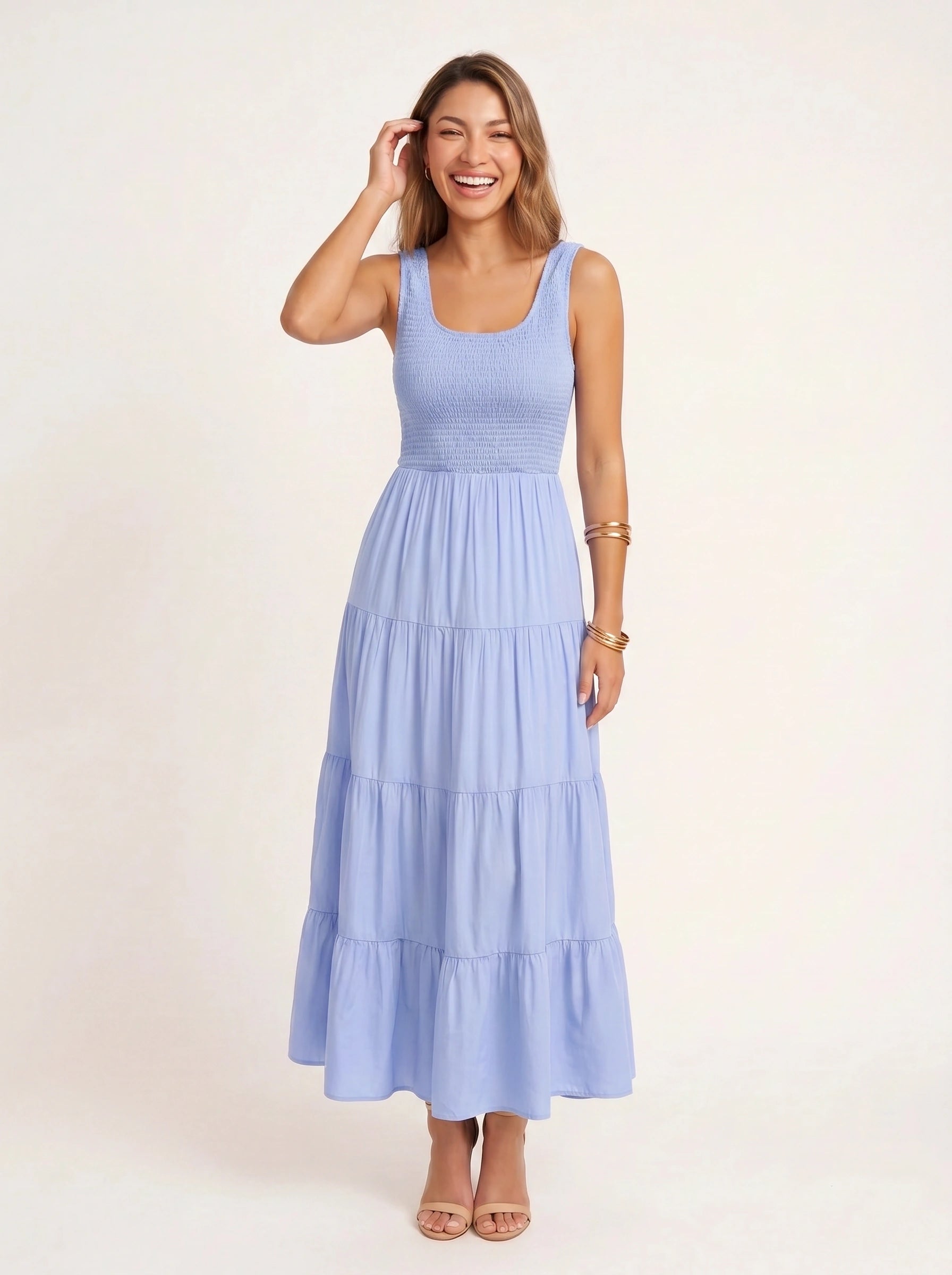 Frescura Smocked Tiered Maxi Dress – Boho Summer Beach Vacation Women Casual Sundress Maxi Dress