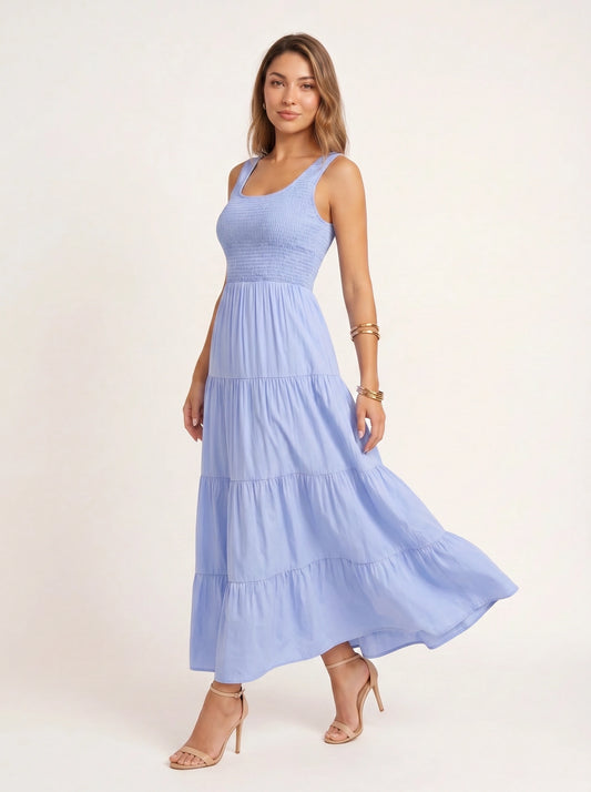 Frescura Smocked Tiered Maxi Dress – Boho Summer Beach Vacation Women Casual Sundress Maxi Dress