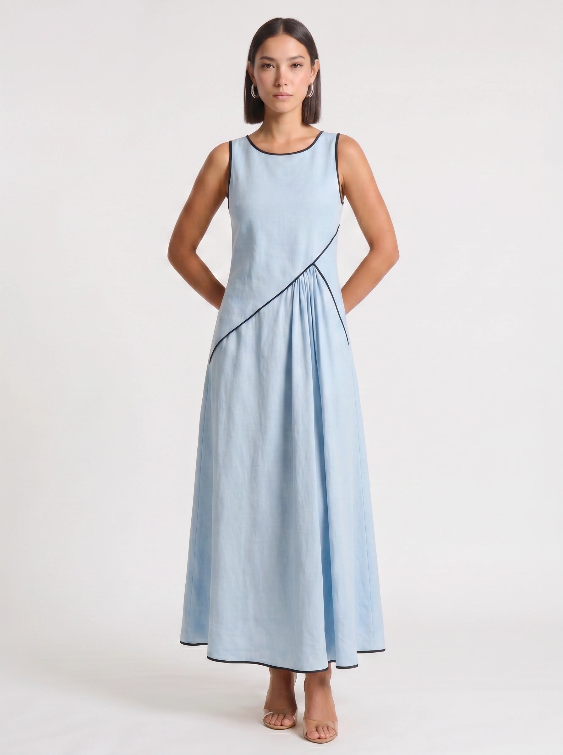 Contria Sleeveless A-Line Maxi Dress – Piped Trim Women Summer Wedding Guest Resort Formal Maxi Dress