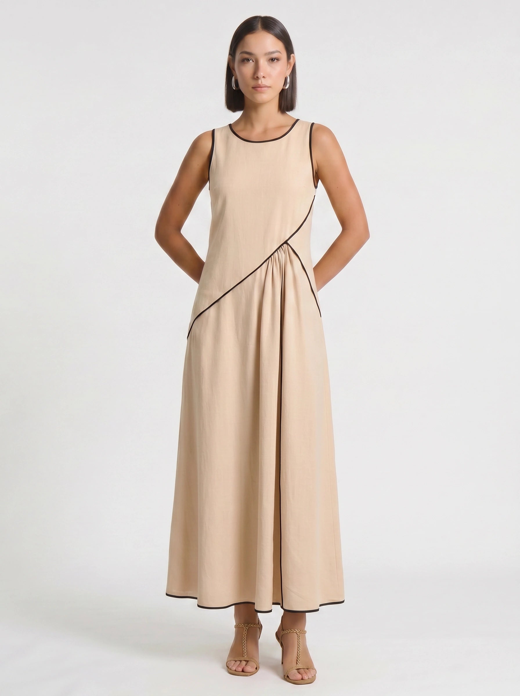 Contria Sleeveless A-Line Maxi Dress – Piped Trim Women Summer Wedding Guest Resort Formal Maxi Dress