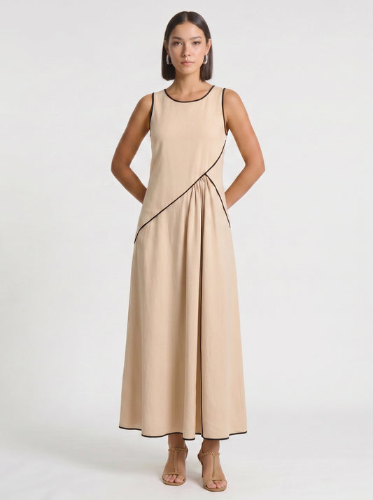 Contria Sleeveless A-Line Maxi Dress – Piped Trim Women Summer Wedding Guest Resort Formal Maxi Dress