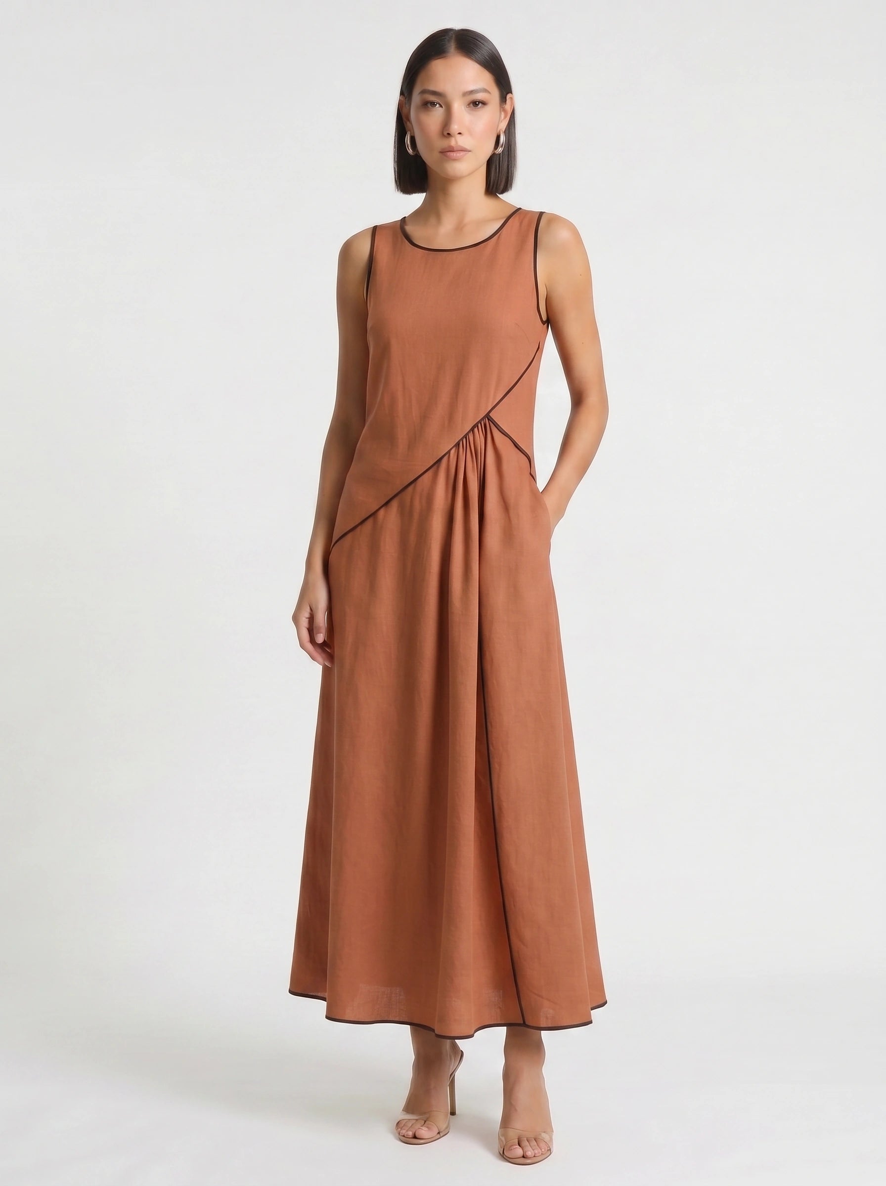 Contria Sleeveless A-Line Maxi Dress – Piped Trim Women Summer Wedding Guest Resort Formal Maxi Dress