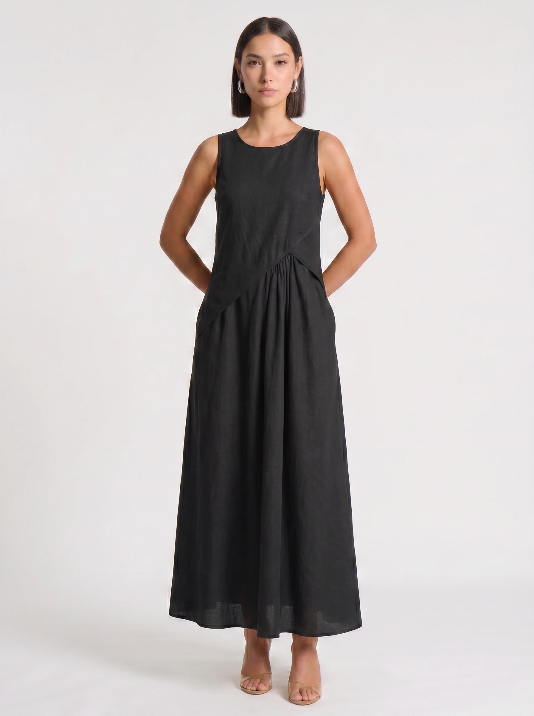 Contria Sleeveless A-Line Maxi Dress – Piped Trim Women Summer Wedding Guest Resort Formal Maxi Dress