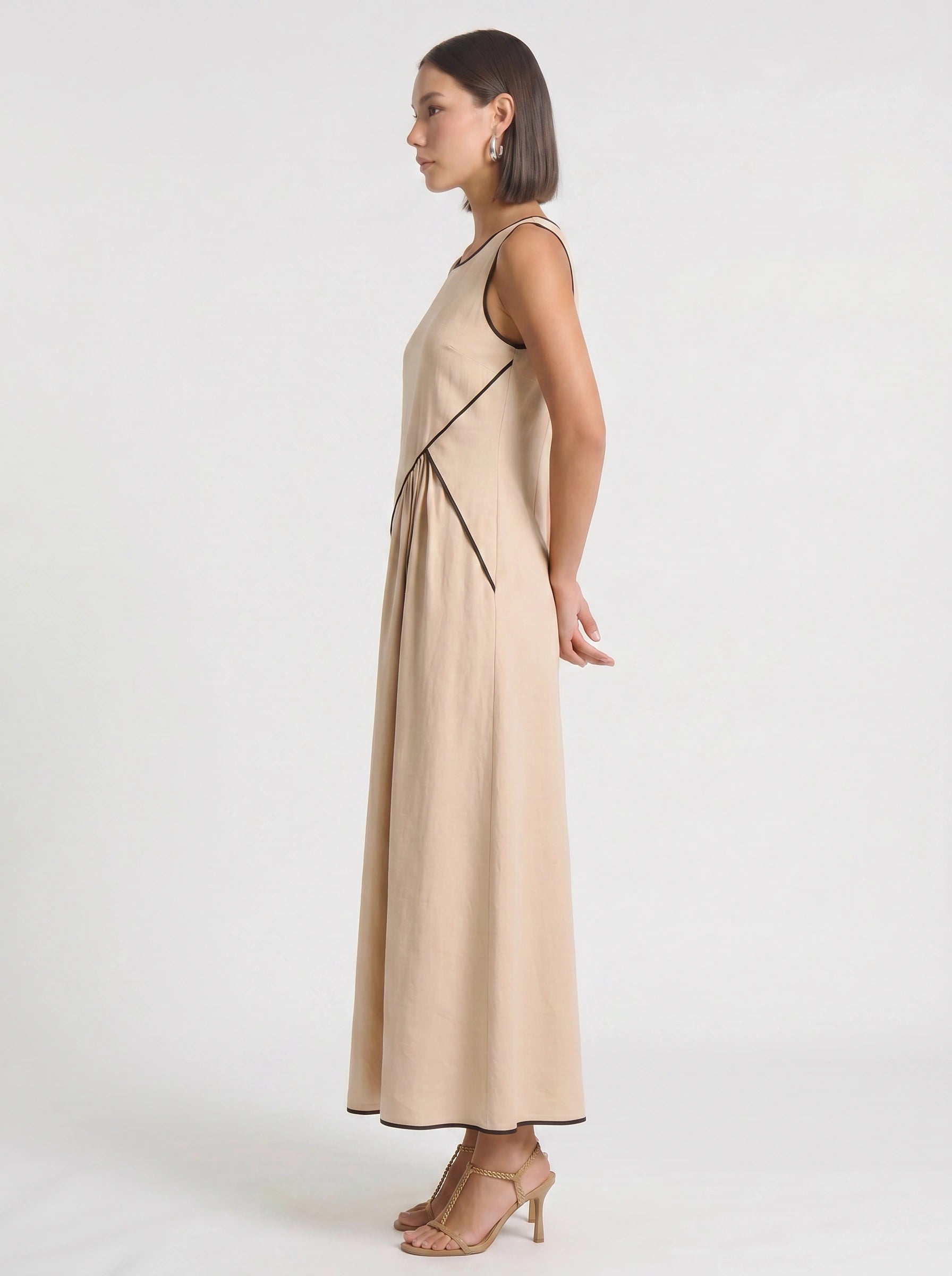 Contria Sleeveless A-Line Maxi Dress – Piped Trim Women Summer Wedding Guest Resort Formal Maxi Dress