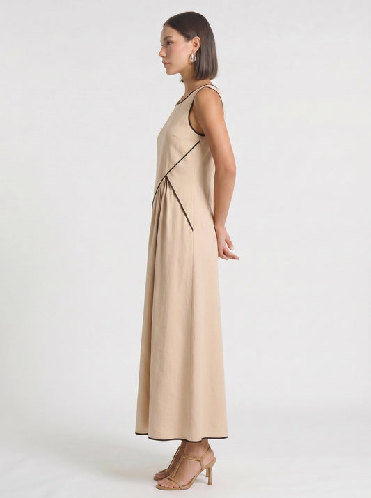 Contria Sleeveless A-Line Maxi Dress – Piped Trim Women Summer Wedding Guest Resort Formal Maxi Dress