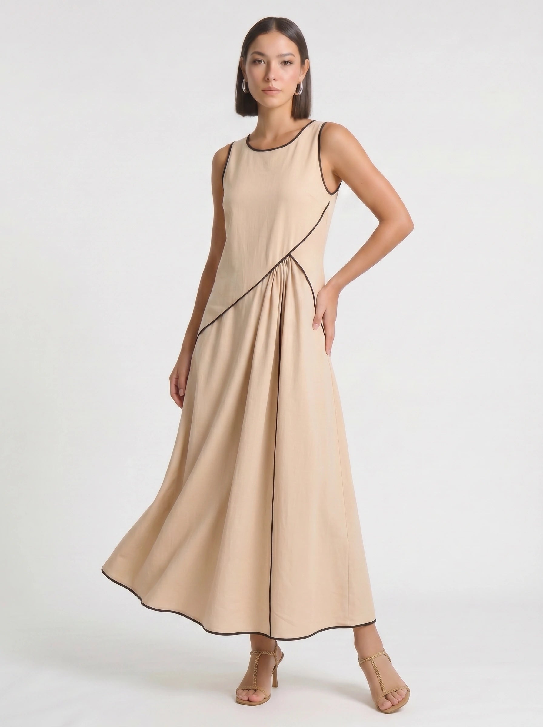 Contria Sleeveless A-Line Maxi Dress – Piped Trim Women Summer Wedding Guest Resort Formal Maxi Dress