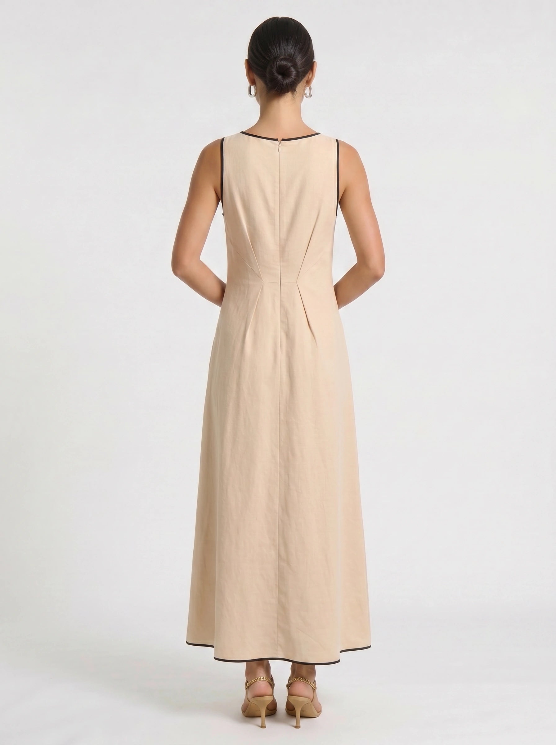 Contria Sleeveless A-Line Maxi Dress – Piped Trim Women Summer Wedding Guest Resort Formal Maxi Dress