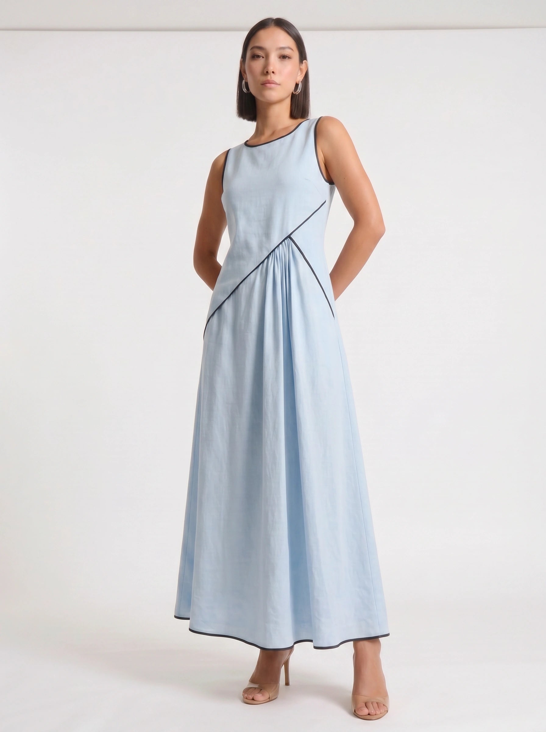 Contria Sleeveless A-Line Maxi Dress – Piped Trim Women Summer Wedding Guest Resort Formal Maxi Dress