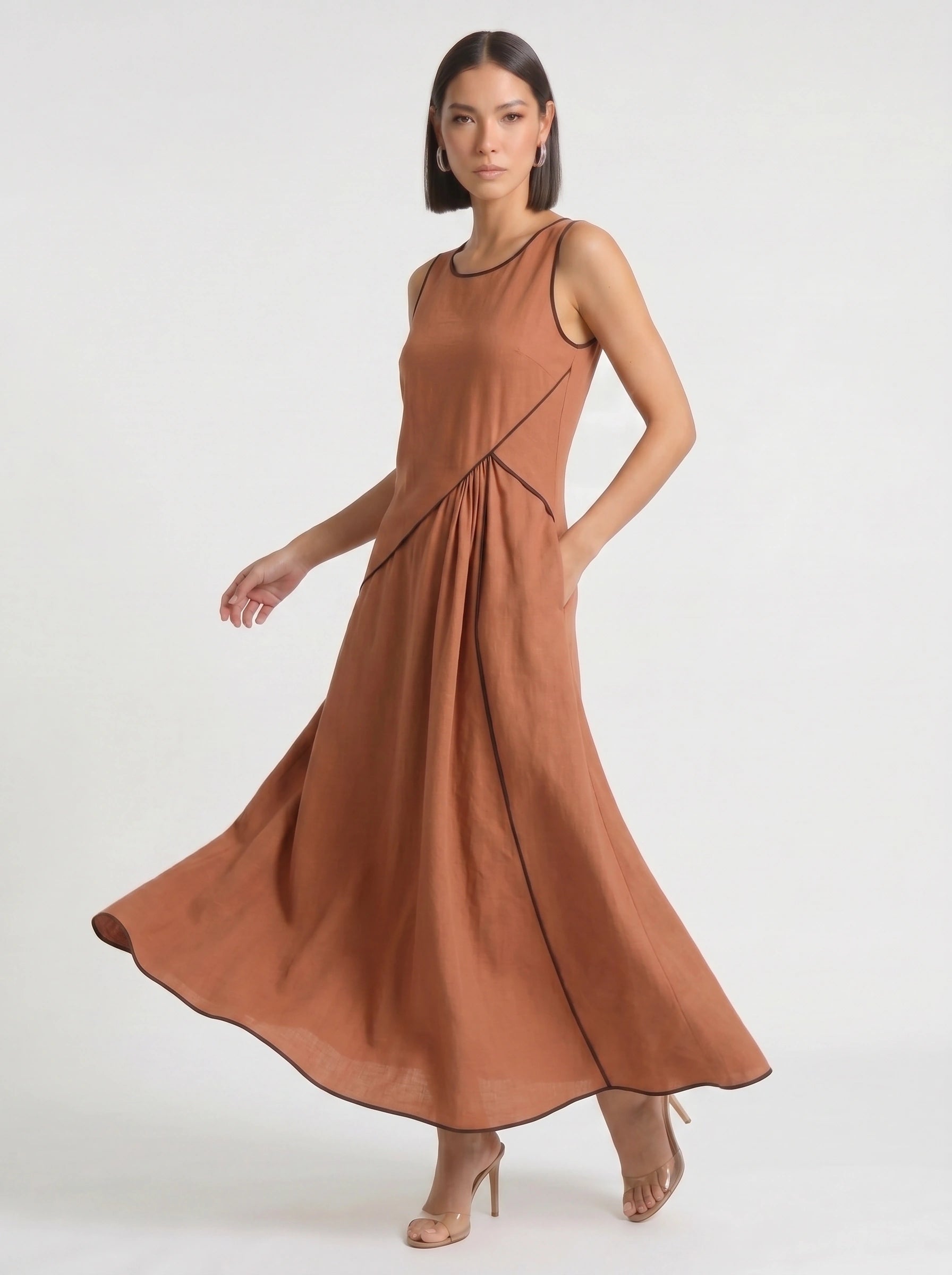 Contria Sleeveless A-Line Maxi Dress – Piped Trim Women Summer Wedding Guest Resort Formal Maxi Dress