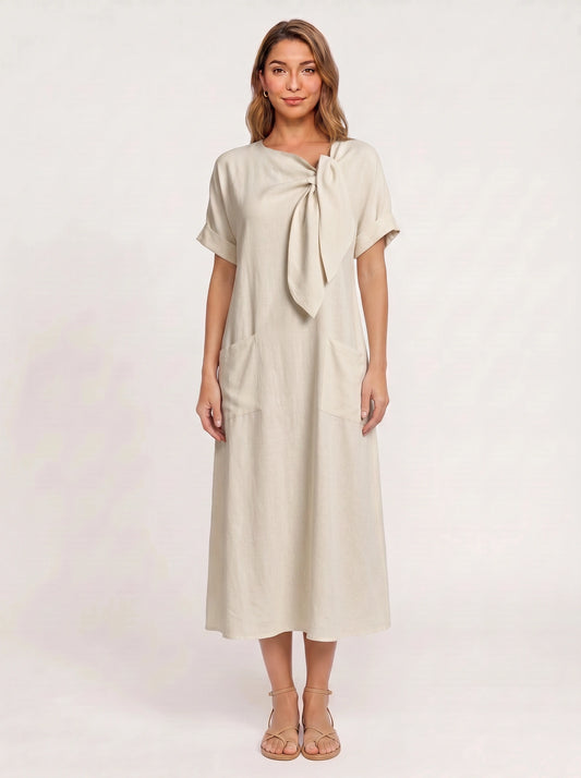 Linavie Tie-Neck Linen Midi Dress – Women Casual Summer Relaxed Fit Short Sleeve Pocket Midi Dress