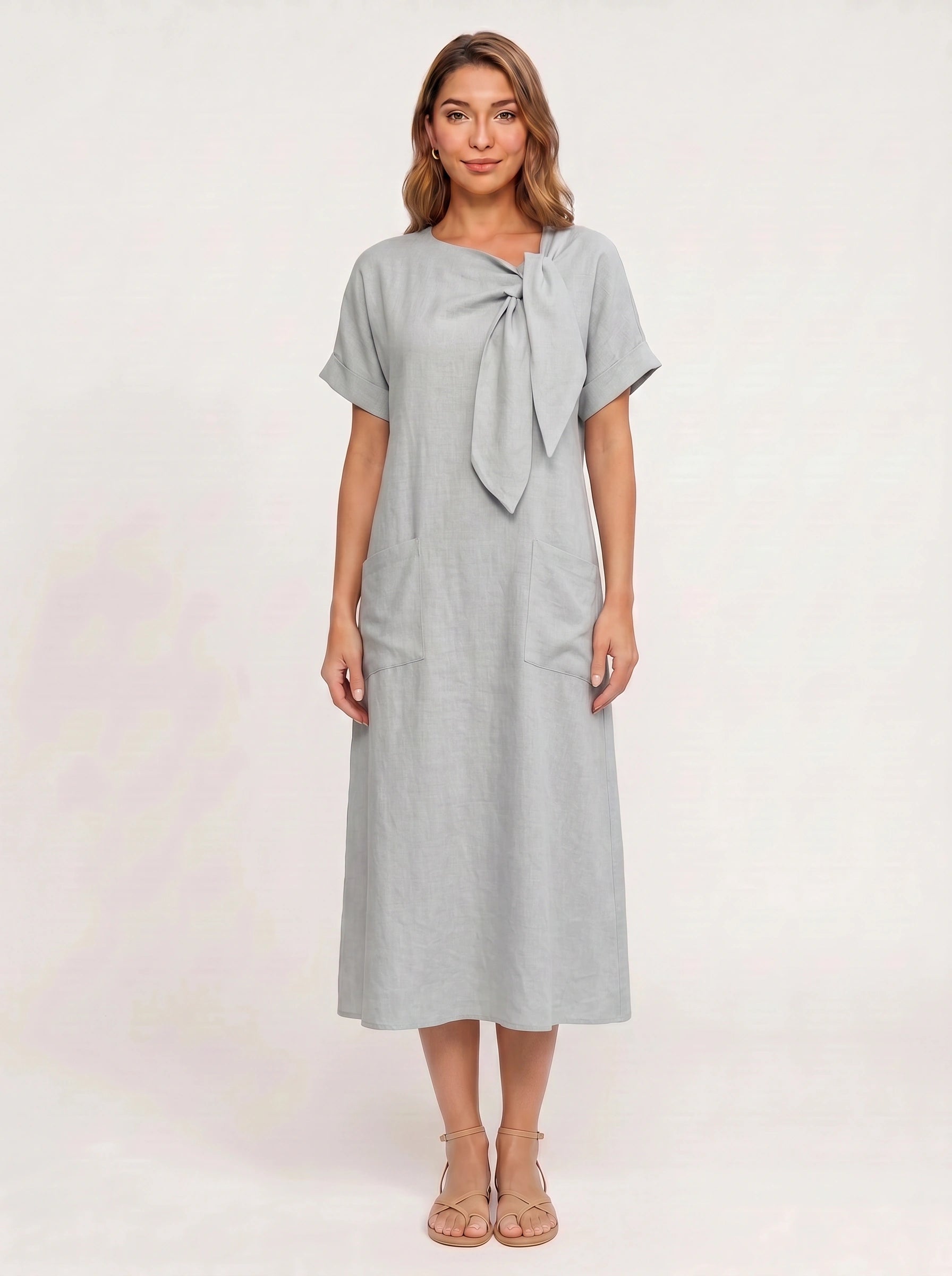 Linavie Tie-Neck Linen Midi Dress – Women Casual Summer Relaxed Fit Short Sleeve Pocket Midi Dress