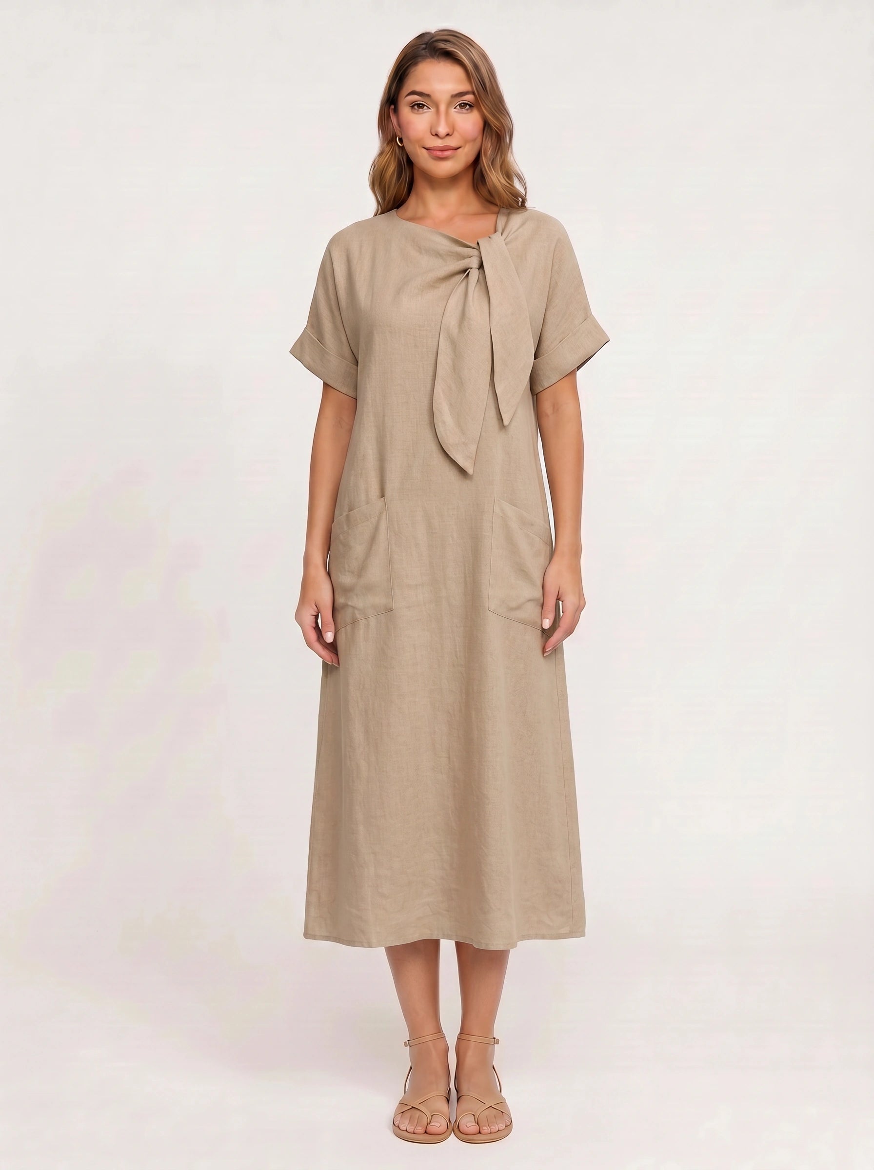 Linavie Tie-Neck Linen Midi Dress – Women Casual Summer Relaxed Fit Short Sleeve Pocket Midi Dress