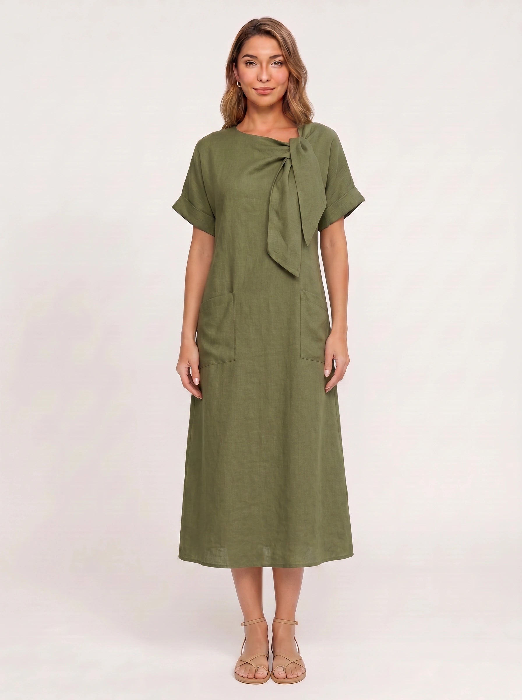 Linavie Tie-Neck Linen Midi Dress – Women Casual Summer Relaxed Fit Short Sleeve Pocket Midi Dress