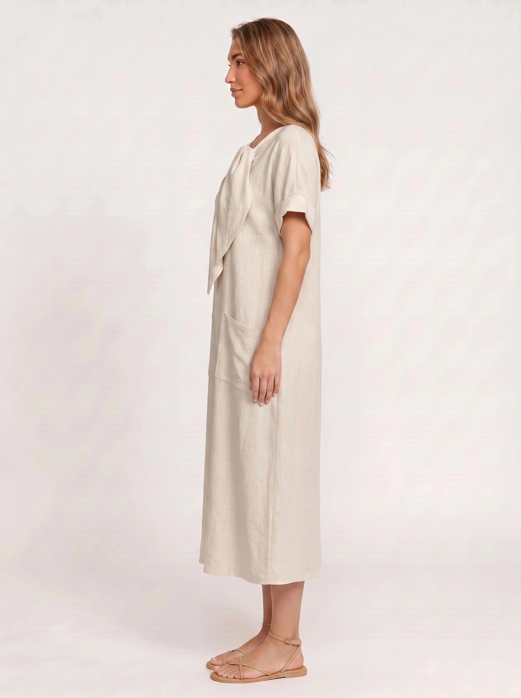 Linavie Tie-Neck Linen Midi Dress – Women Casual Summer Relaxed Fit Short Sleeve Pocket Midi Dress