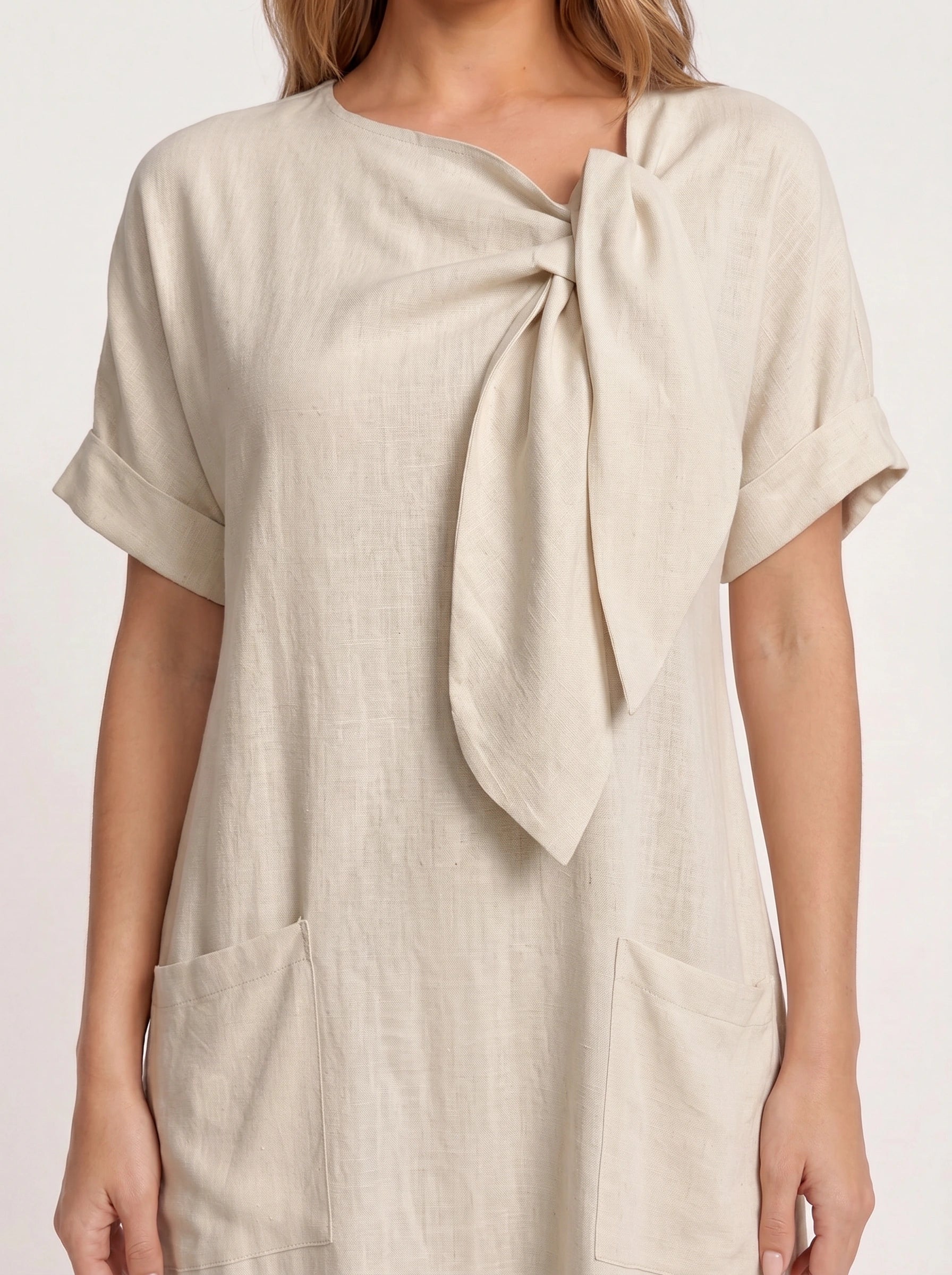 Linavie Tie-Neck Linen Midi Dress – Women Casual Summer Relaxed Fit Short Sleeve Pocket Midi Dress