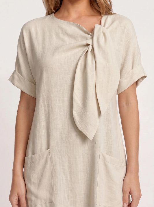 Linavie Tie-Neck Linen Midi Dress – Women Casual Summer Relaxed Fit Short Sleeve Pocket Midi Dress