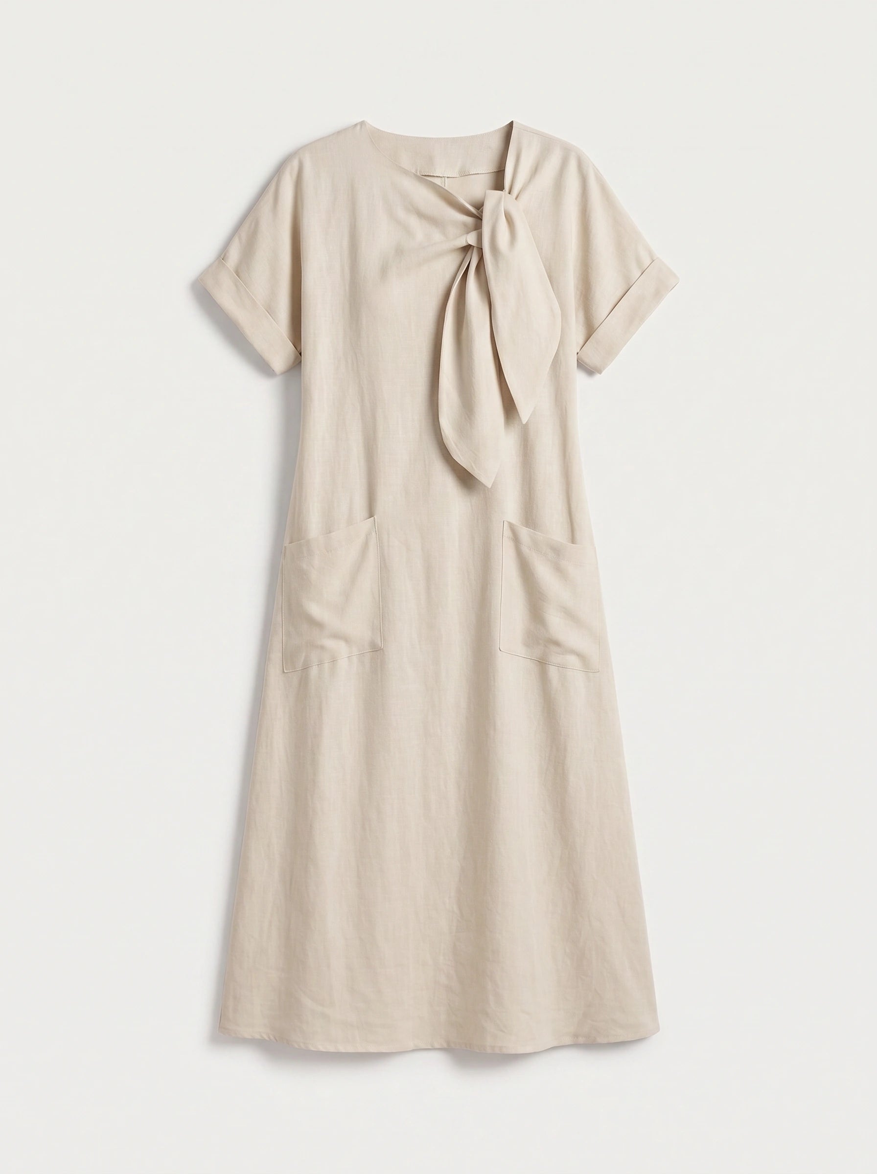 Linavie Tie-Neck Linen Midi Dress – Women Casual Summer Relaxed Fit Short Sleeve Pocket Midi Dress