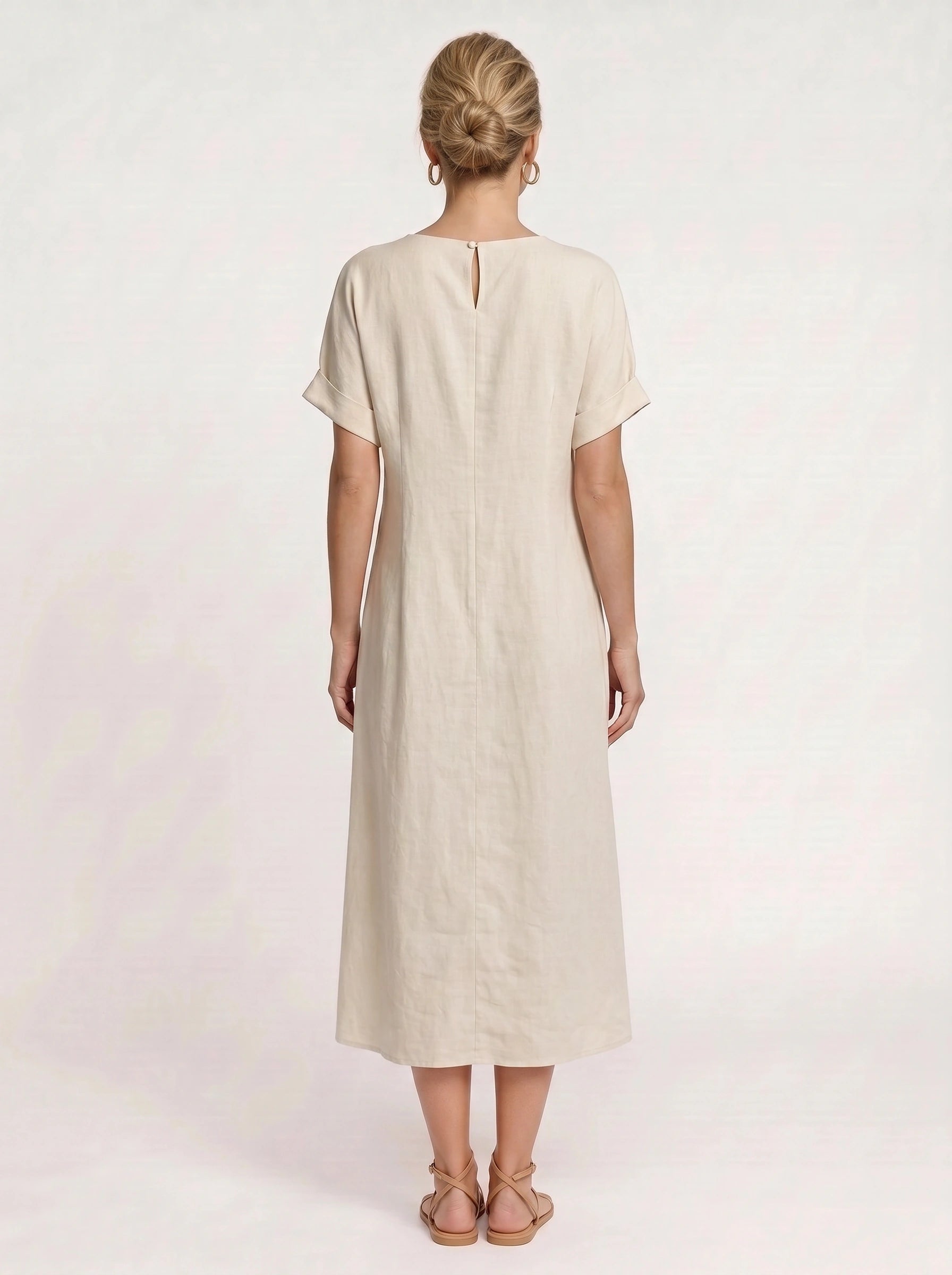 Linavie Tie-Neck Linen Midi Dress – Women Casual Summer Relaxed Fit Short Sleeve Pocket Midi Dress